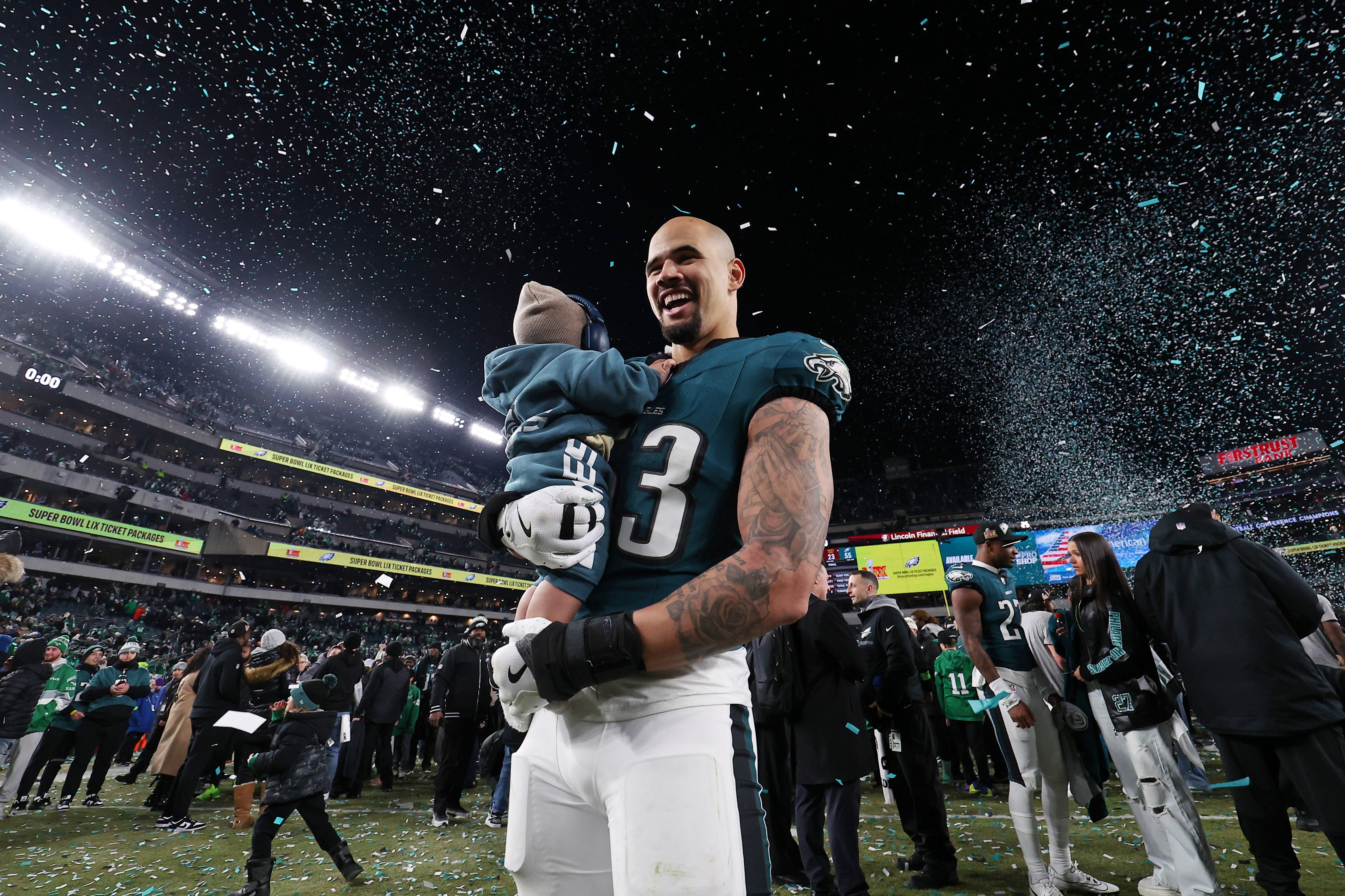 Philadelphia Eagles linebacker Zack Baun (53) celebrates after winning the NFC Championship game against the Washington Commanders at Lincoln Financial Field.