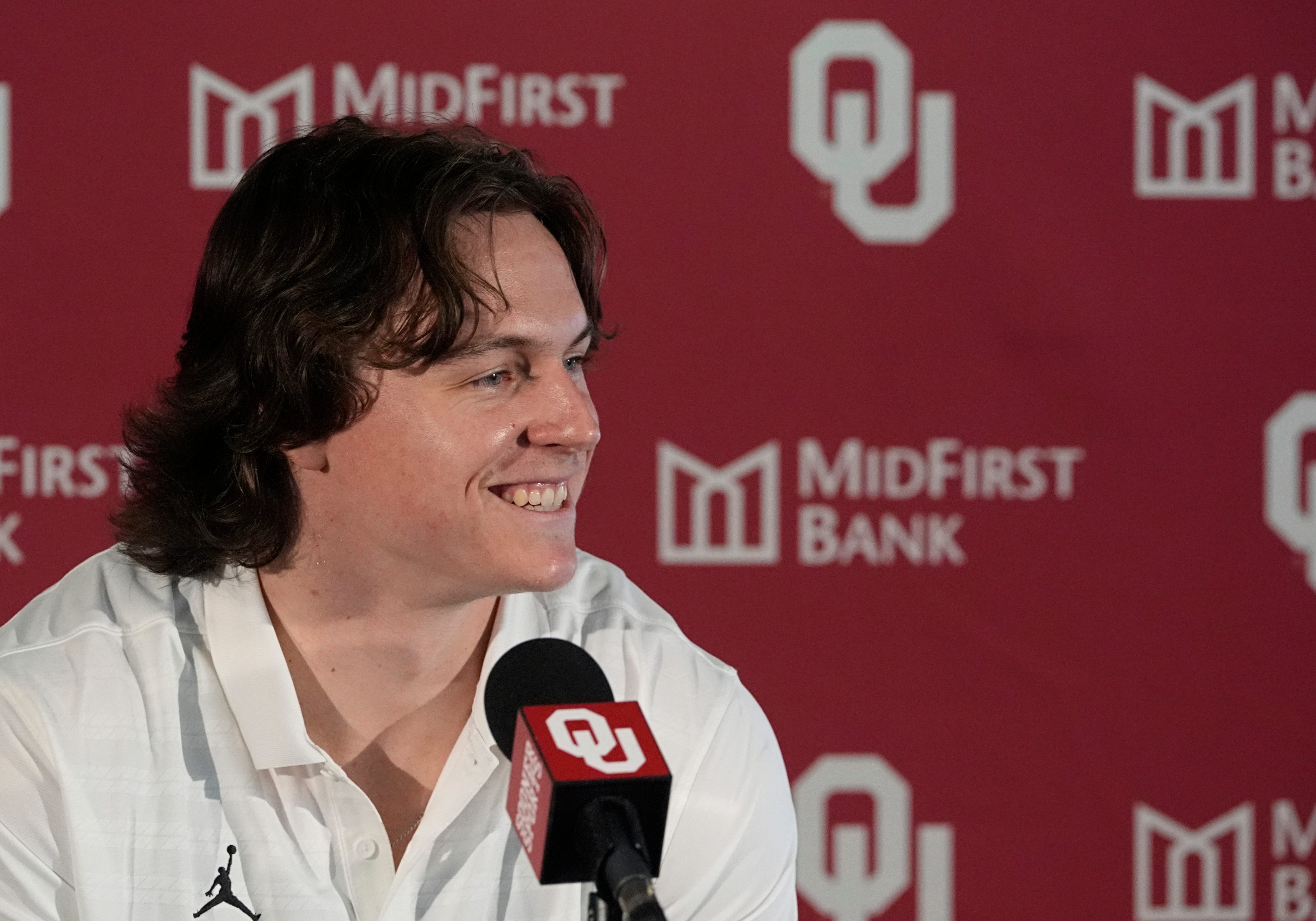 Oklahoma quaterback John Mateer speaks to the media during the University of Oklahoma Sooners football spring press conference in Norman, Okla., Wednesday, March, 5, 2025.