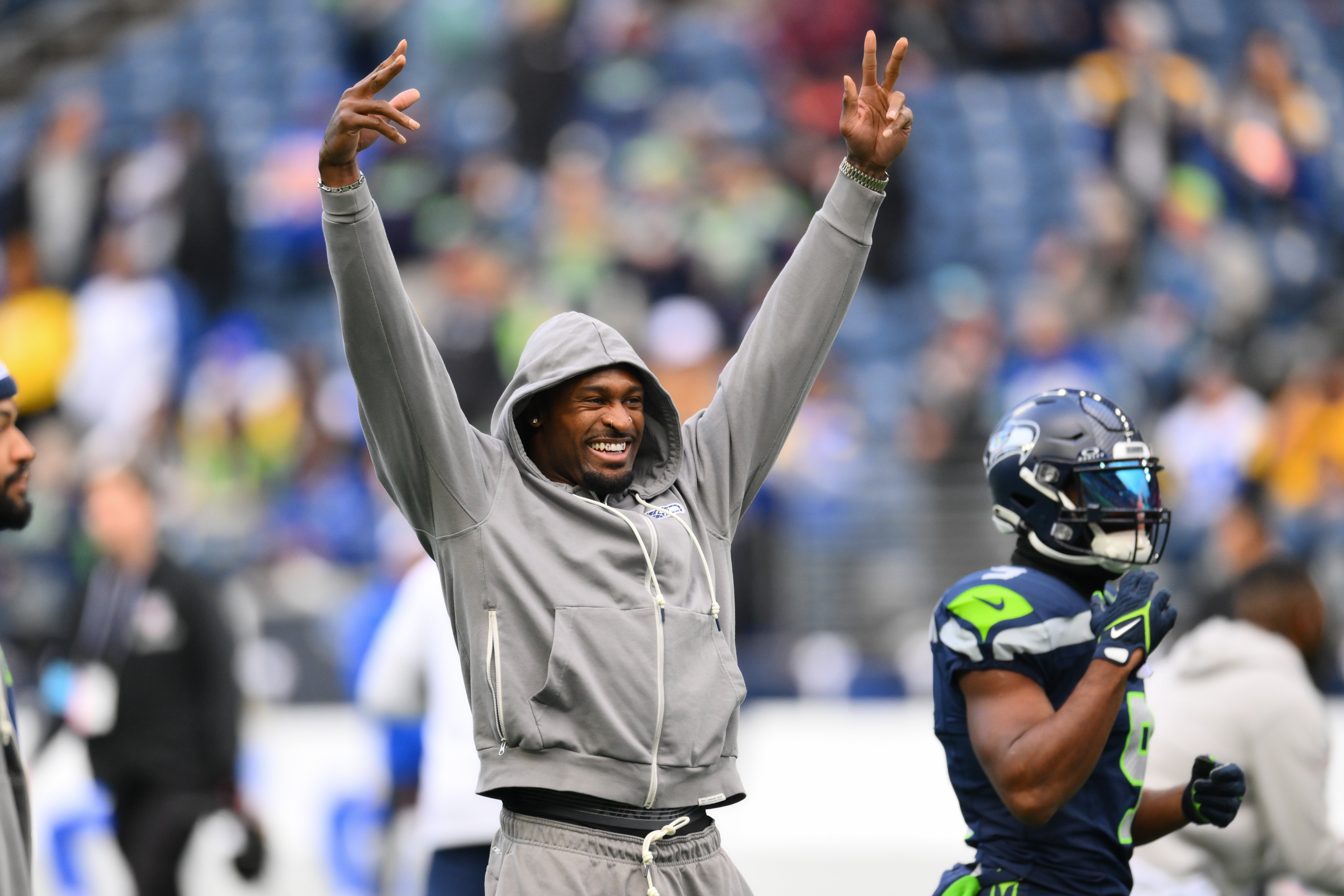 Seattle Seahawks wide receiver DK Metcalf (14) during warmups before the game against the Los Angeles Rams at Lumen Field.