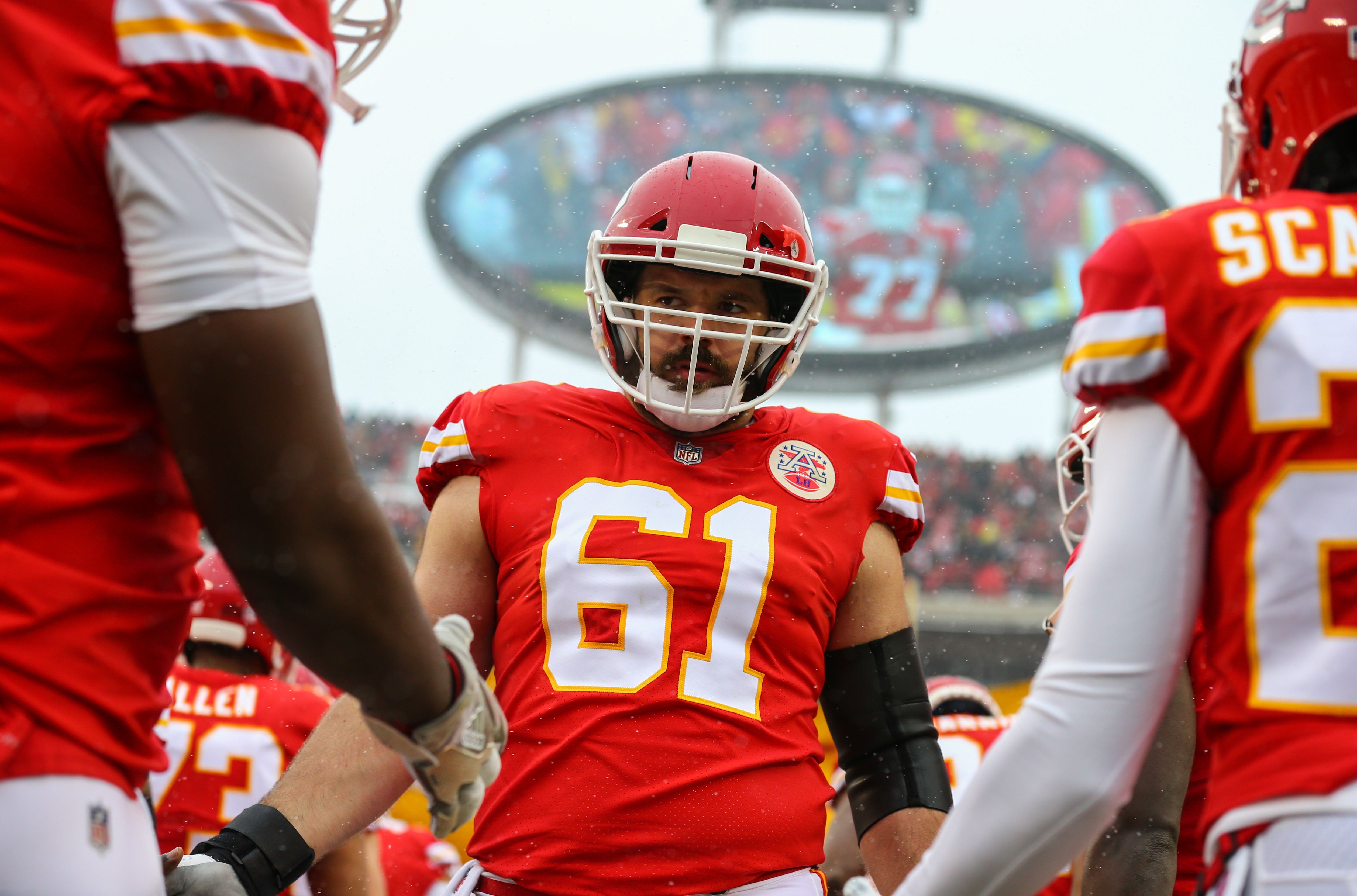 Jan 12, 2019; Kansas City, MO, USA; Kansas City Chiefs center Mitch Morse (61) takes the field before an AFC Divisional playoff football game against the Indianapolis Colts at Arrowhead Stadium.