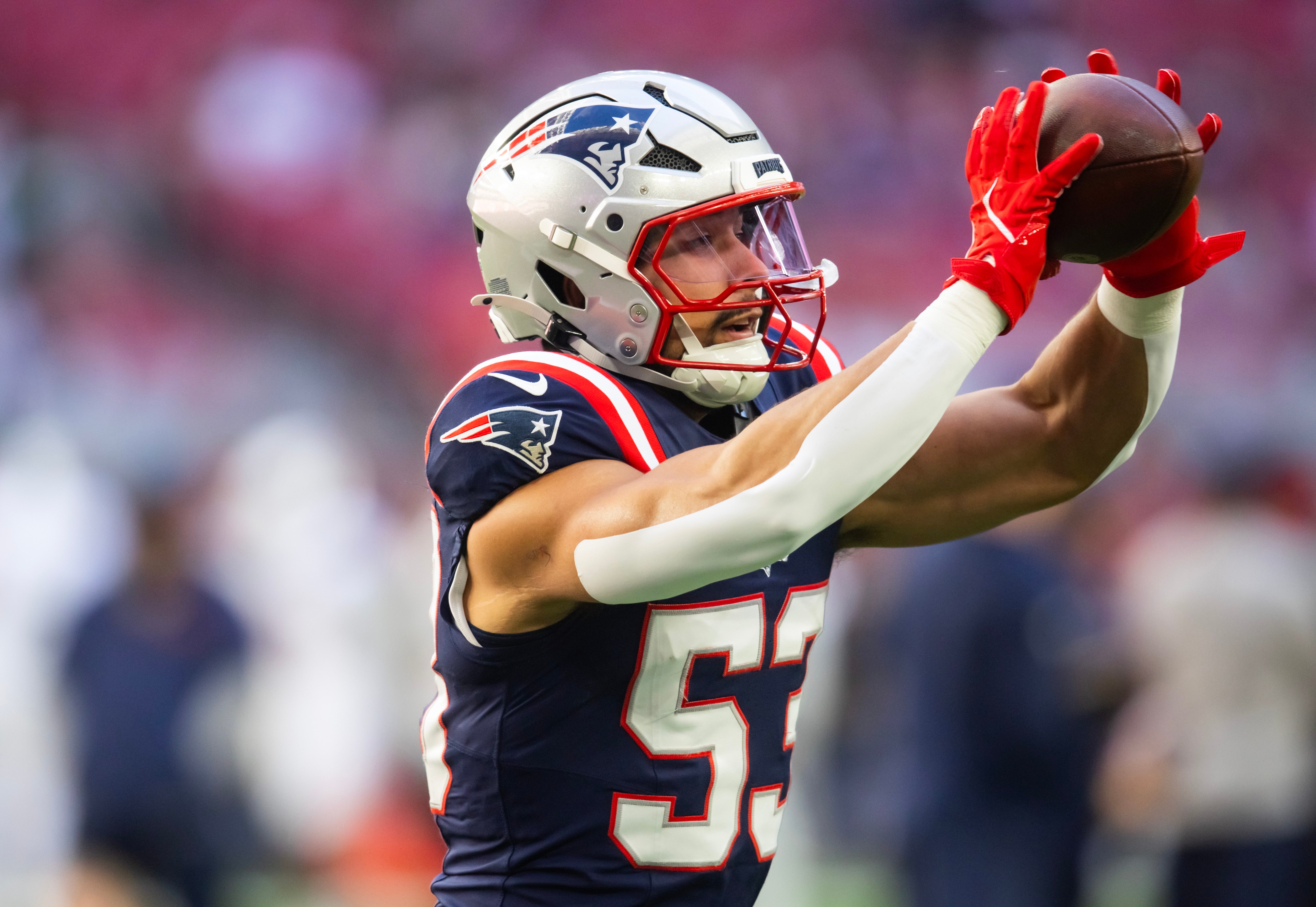 Dec 15, 2024; Glendale, Arizona, USA; New England Patriots linebacker Christian Elliss (53) against the Arizona Cardinals at State Farm Stadium.