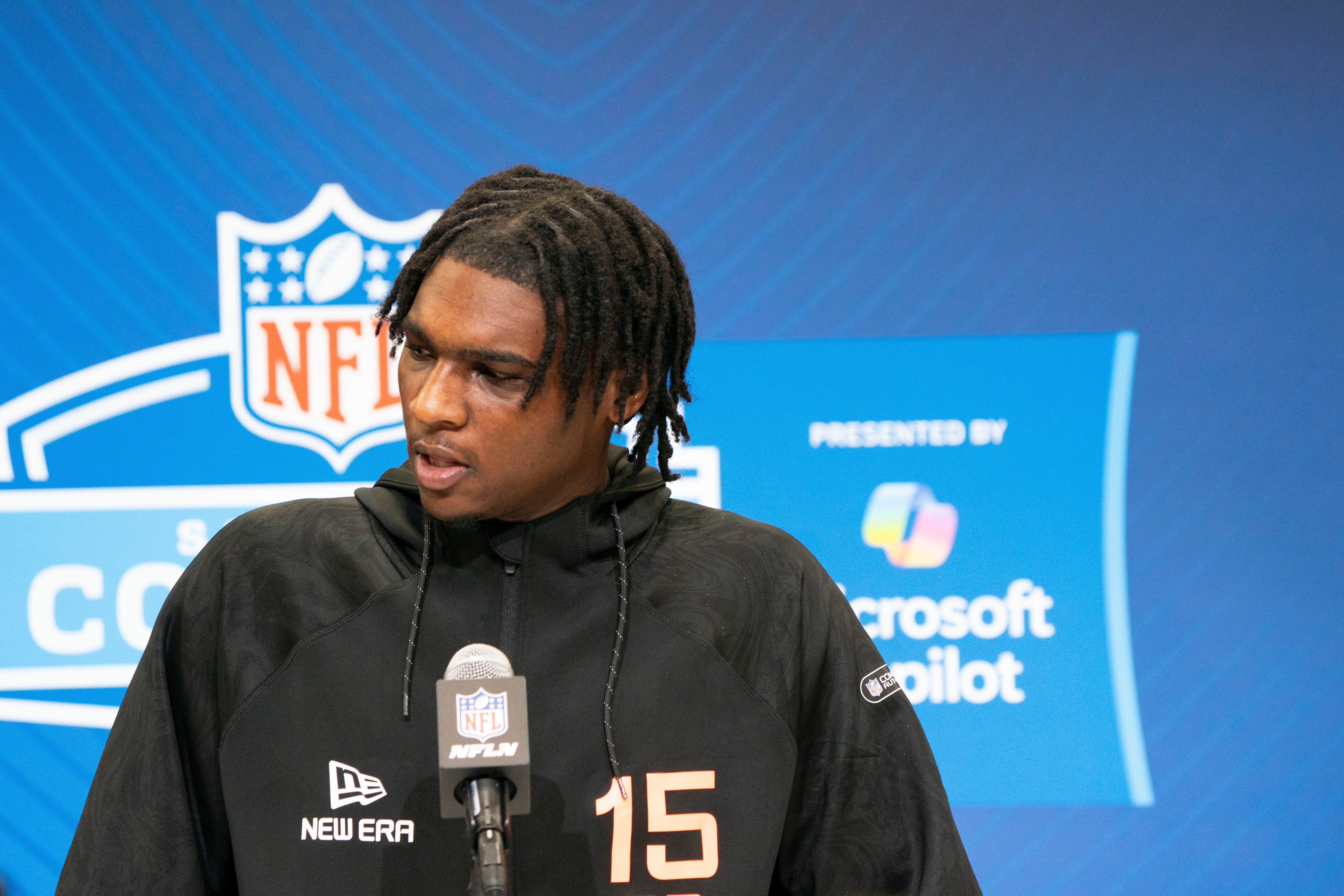 Feb 28, 2025; Indianapolis, IN, USA;Miami quarterback Cam Ward (QB15) talks to the press during the 2025 NFL Combine at Indiana Convention Center.