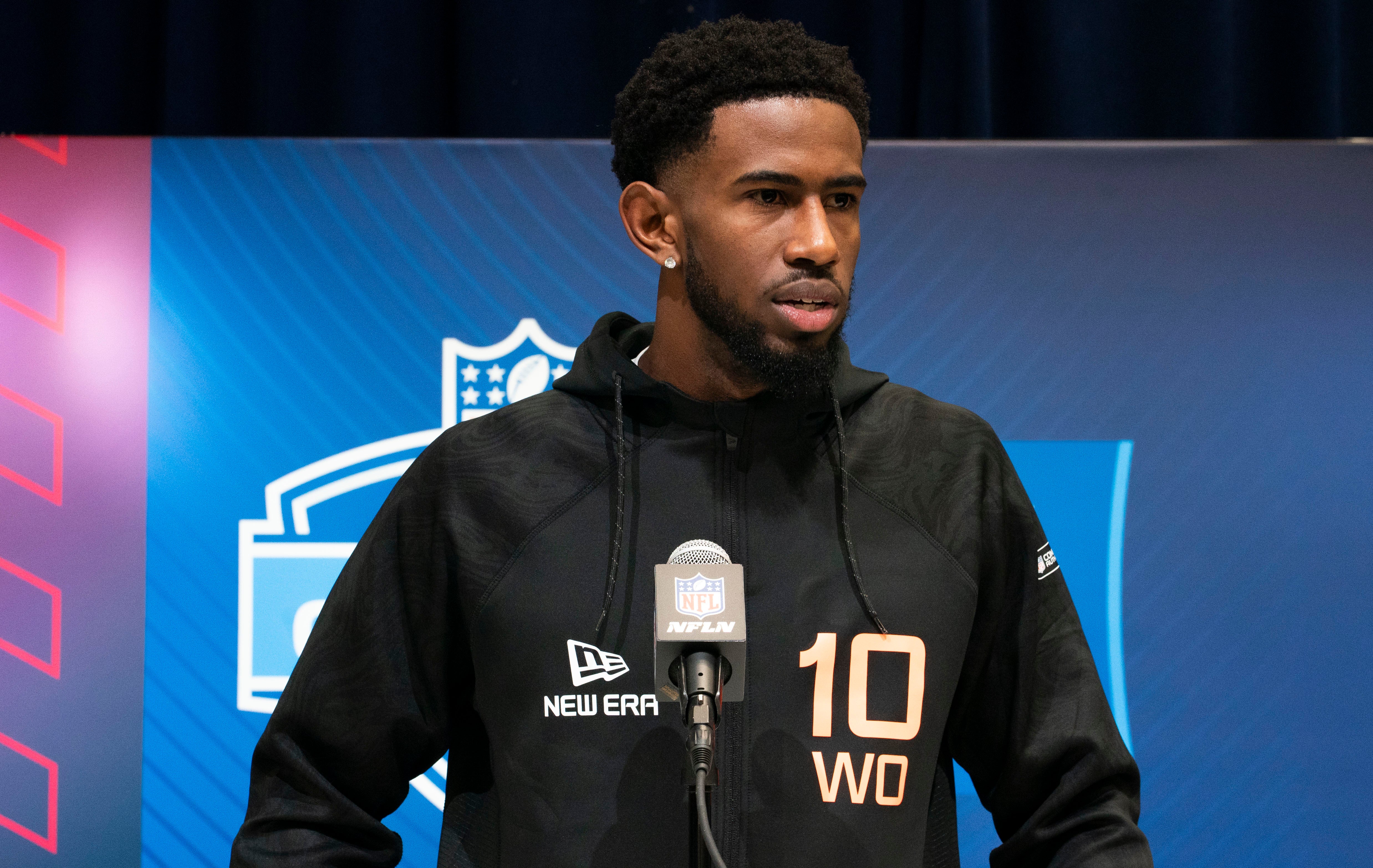 Notre Dame wideout Beaux Collins (WO10) answers questions at a press conference during the 2025 NFL Combine at Indiana Convention Center.