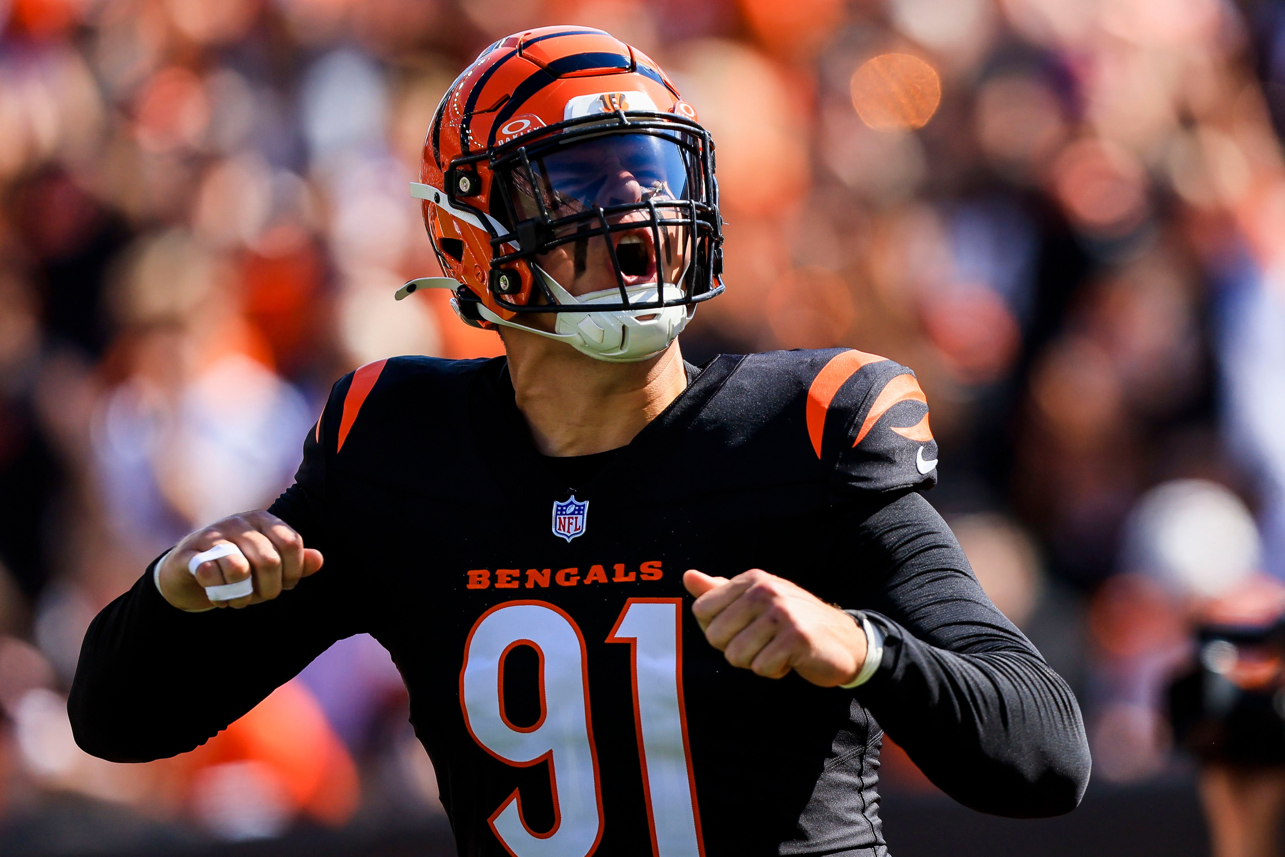 Oct 6, 2024; Cincinnati, Ohio, USA; Cincinnati Bengals defensive end Trey Hendrickson (91) runs onto the field before the game against the Baltimore Ravens at Paycor Stadium.