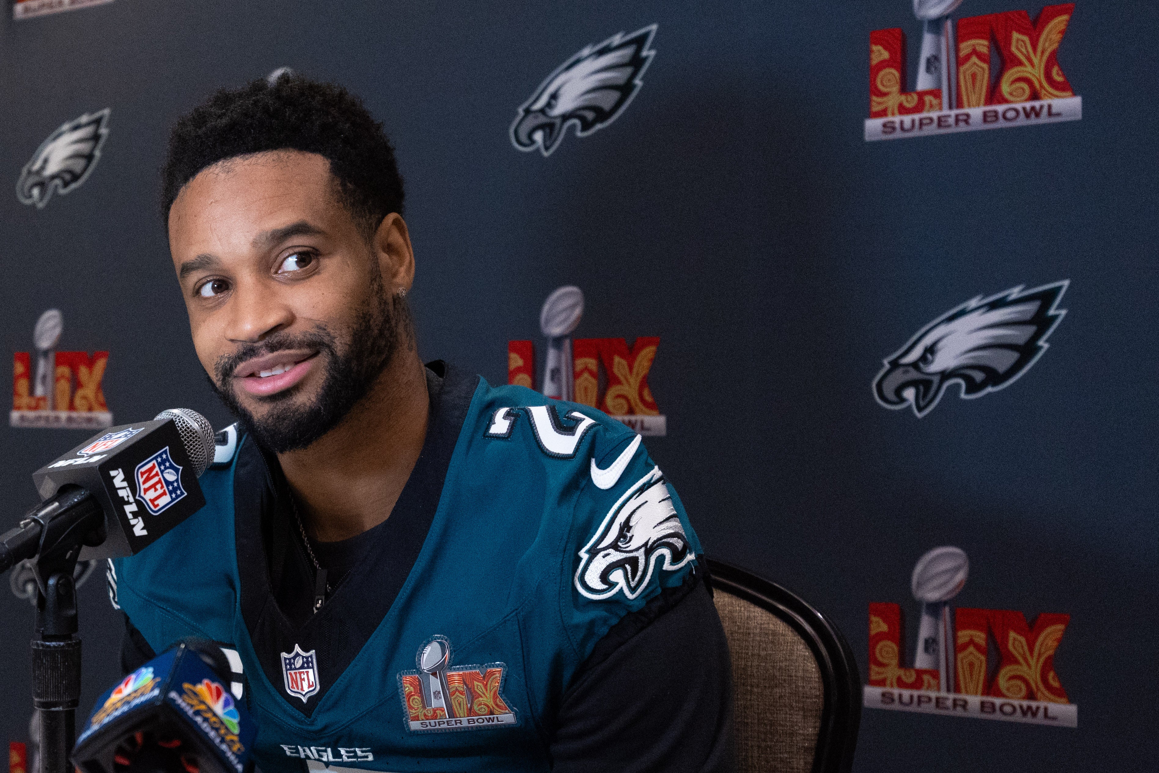 Philadelphia Eagles cornerback Darius Slay Jr. speaks with the media during a press conference at Hilton New Orleans Riverside.