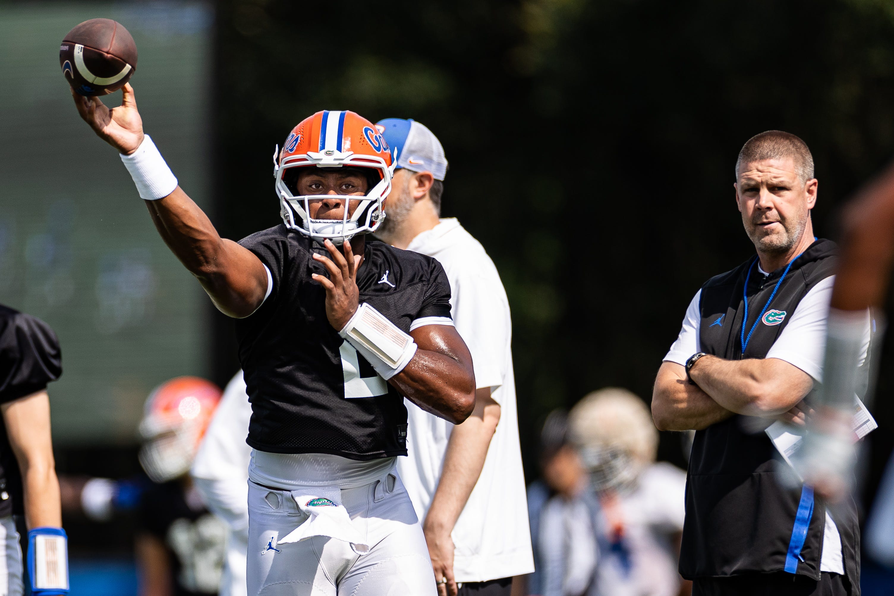 Florida Gators quarterback DJ Lagway (2) throws the ball during fall football practice at Heavener Football Complex at the University of Florida in Gainesville, FL on Wednesday, July 31, 2024.