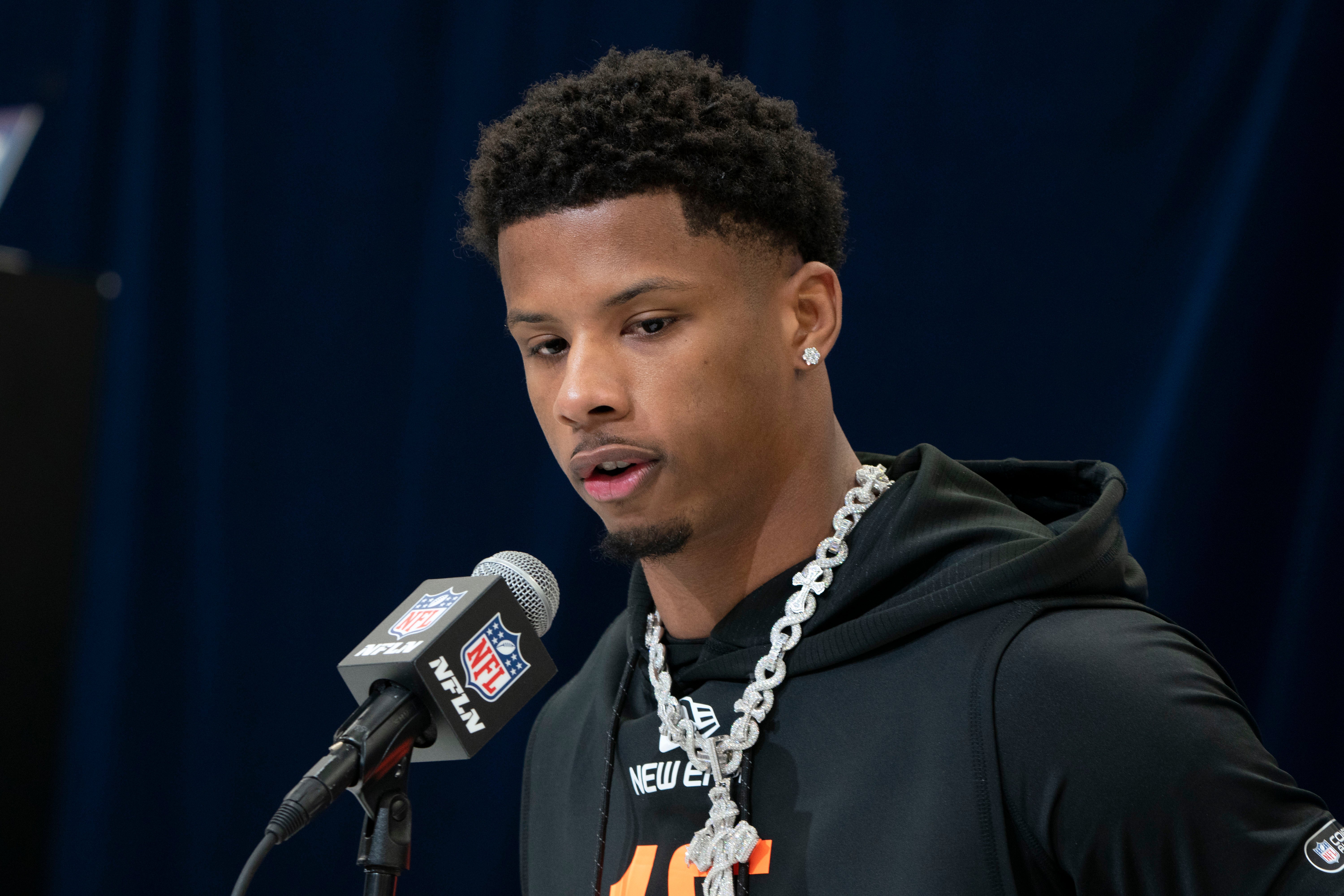 Texas wideout Matthew Golden (WO16) speaks during a press conference at Feb 28, 2025; Indianapolis, IN, USA; during the 2025 NFL Combine at Indiana Convention Center.