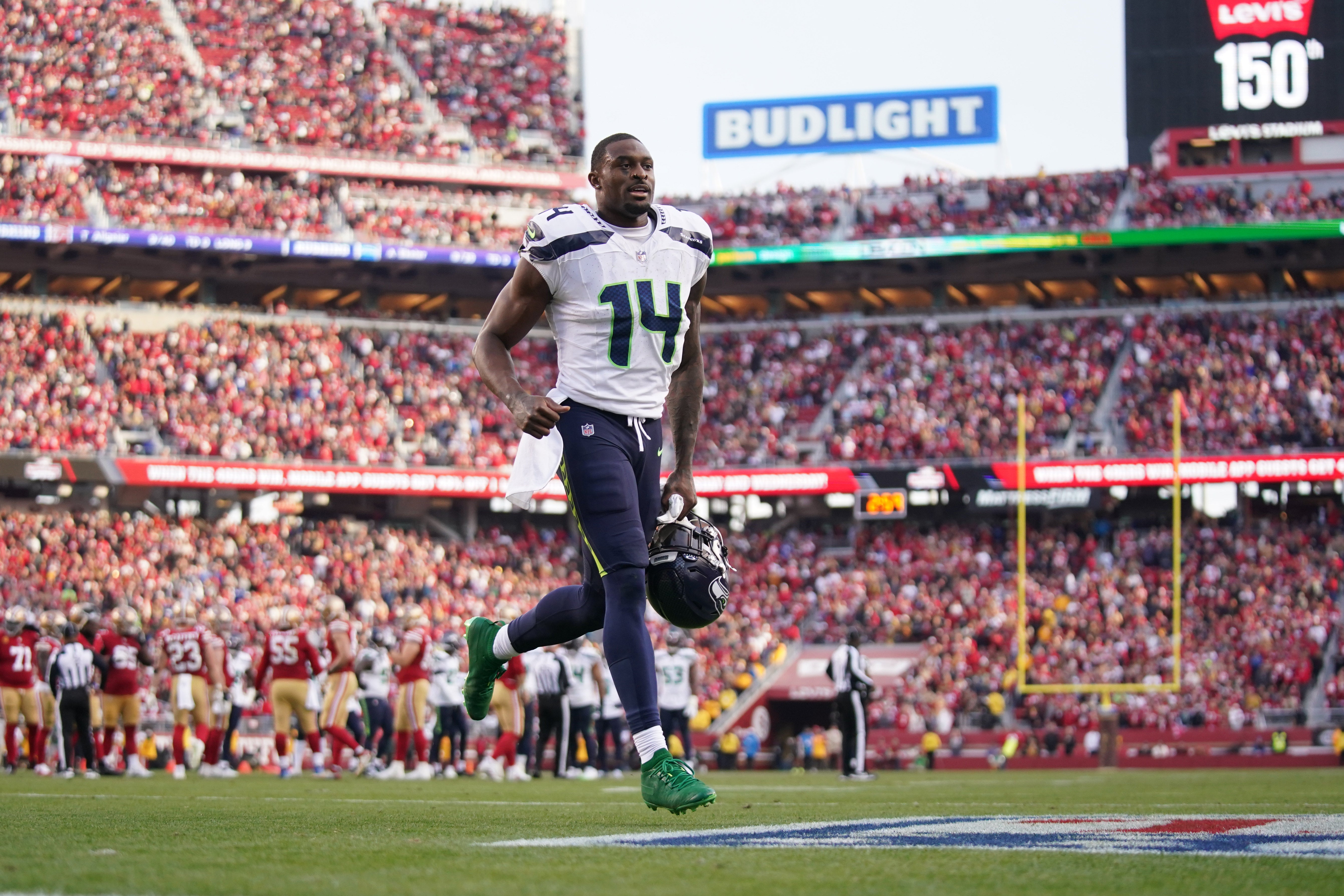 Seattle Seahawks wide receiver DK Metcalf (14) runs towards the locker room after being ejected from the game against the San Francisco 49ers in the fourth quarter at Levi's Stadium.