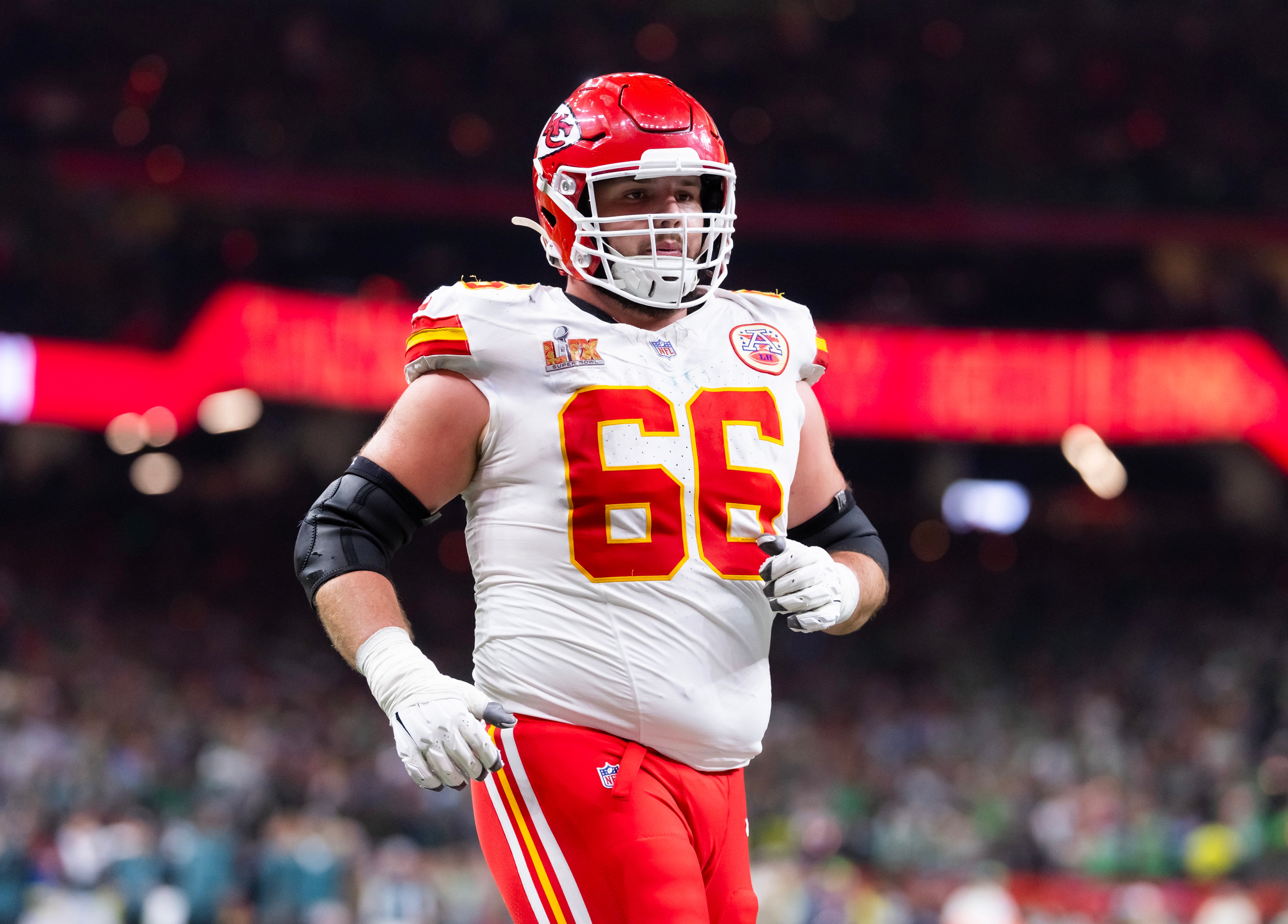Feb 9, 2025; New Orleans, LA, USA; Kansas City Chiefs guard Mike Caliendo (66) against the Philadelphia Eagles in Super Bowl LIX at Ceasars Superdome.