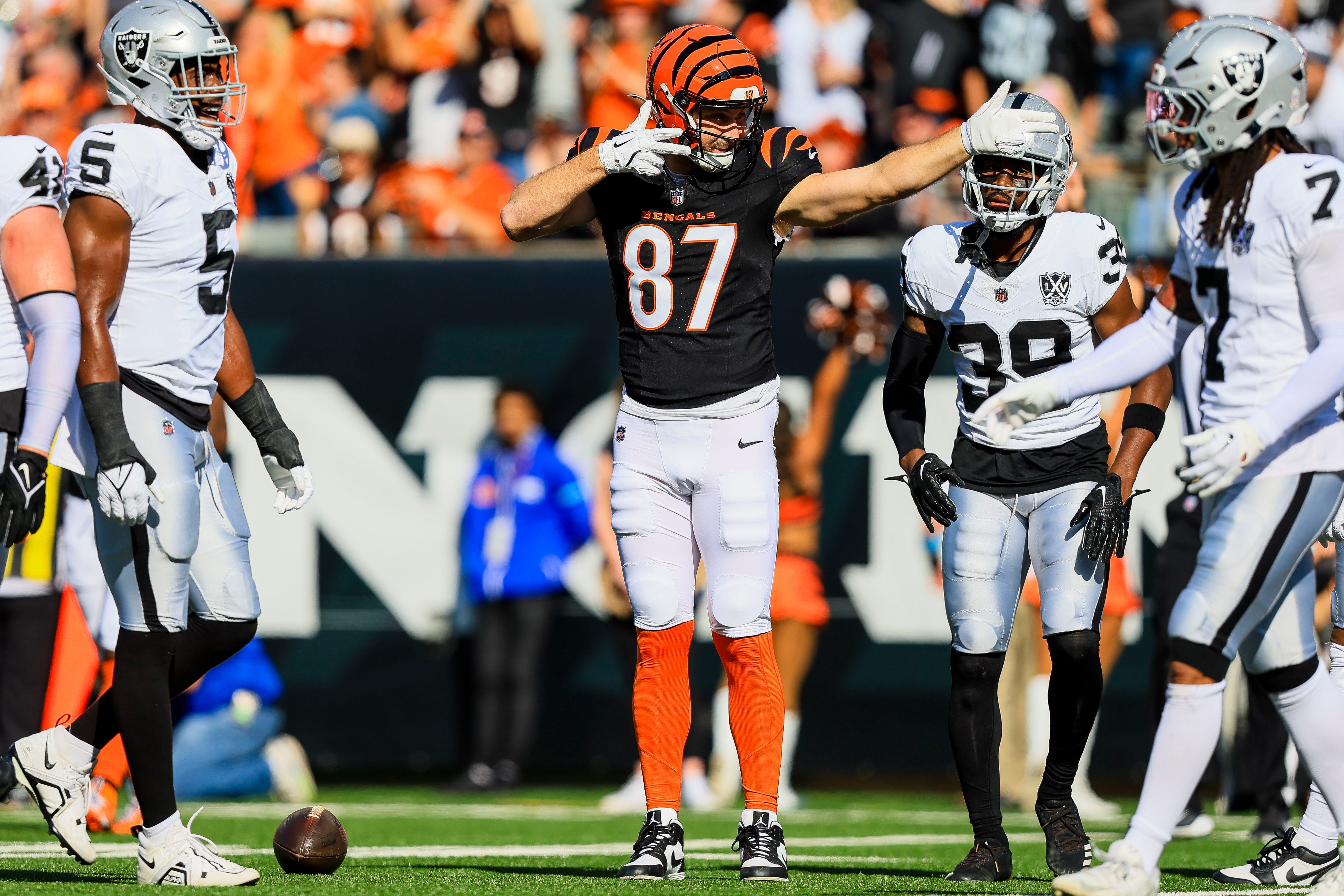 Nov 3, 2024; Cincinnati, Ohio, USA; Cincinnati Bengals tight end Tanner Hudson (87) reacts after a play against the Las Vegas Raiders in the first half at Paycor Stadium.