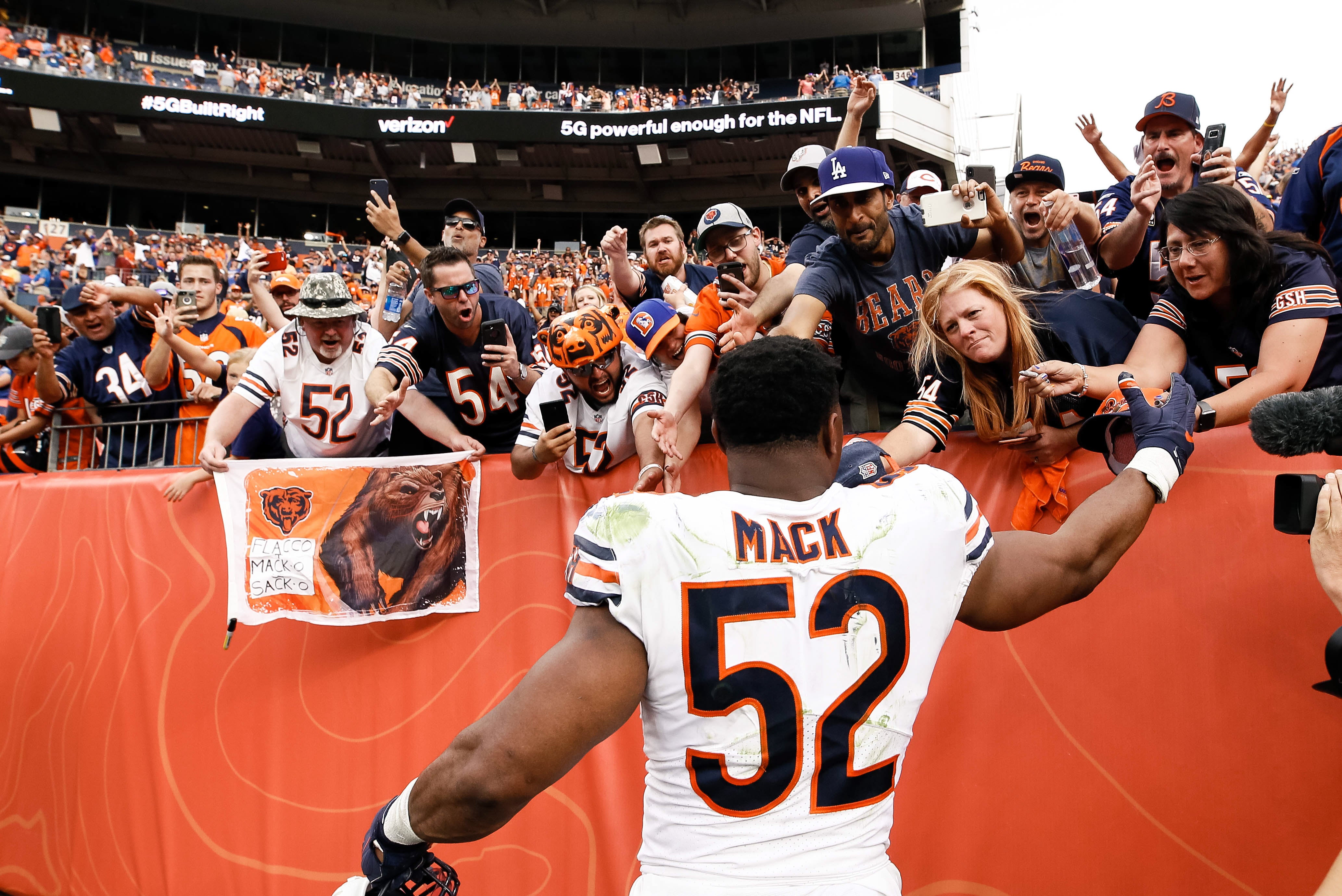 Sep 15, 2019; Denver, CO, USA; Chicago Bears linebacker Khalil Mack (52) greets fans after the game against the Denver Broncos at Empower Field at Mile High.