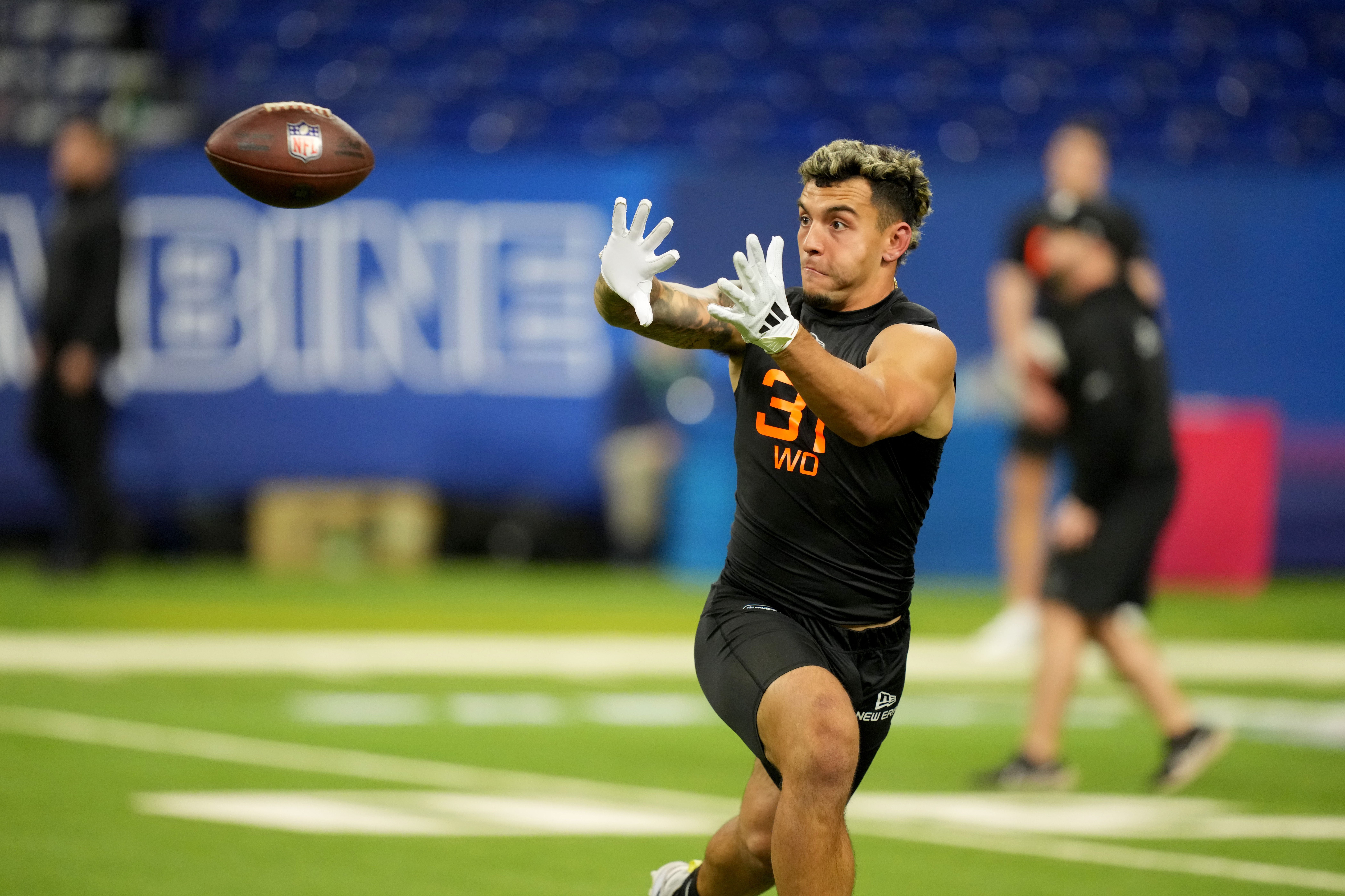 Miami wideout Xavier Restrepo (WO37) during the 2025 NFL Combine at Lucas Oil Stadium.