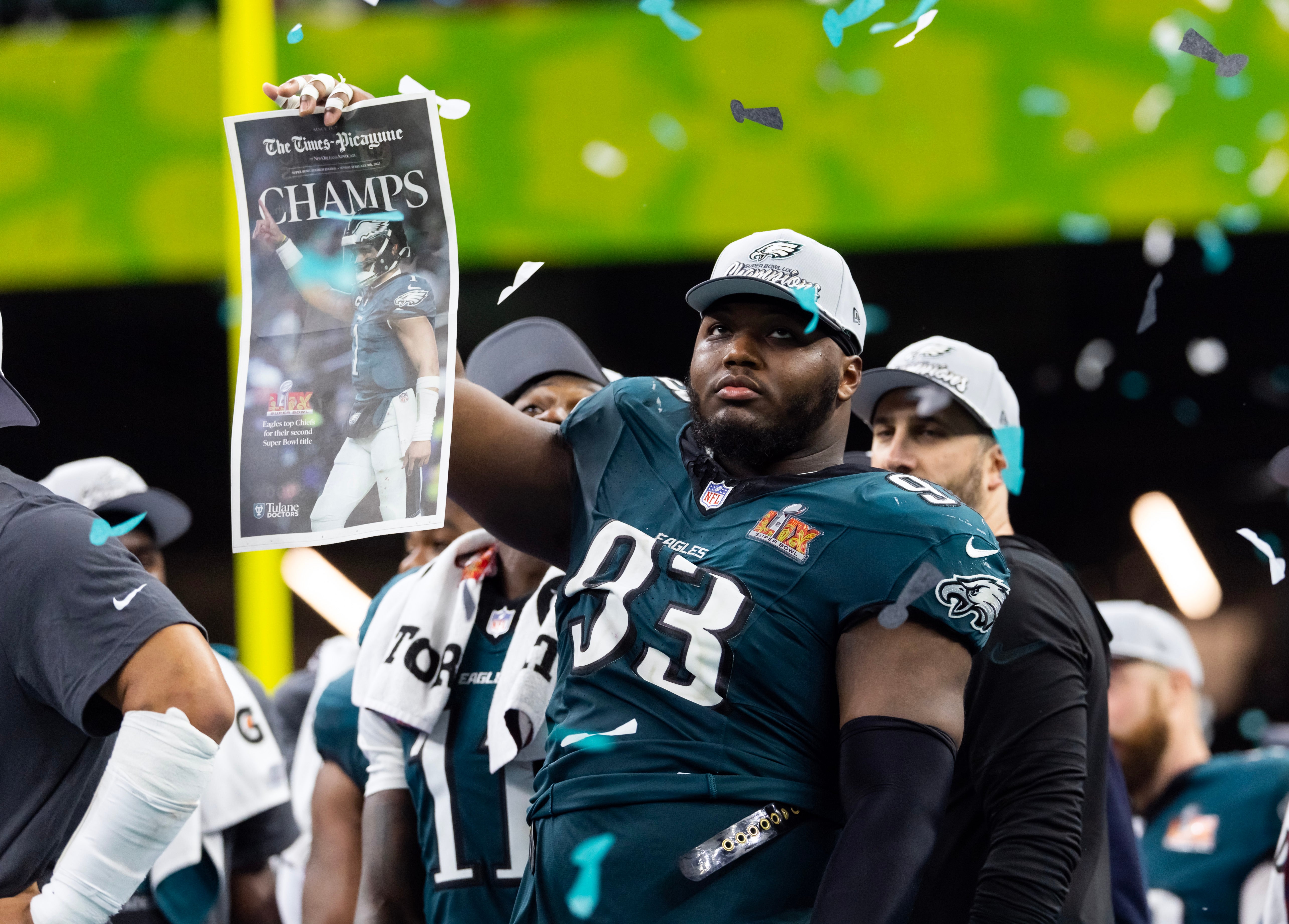 Feb 9, 2025; New Orleans, LA, USA; Philadelphia Eagles defensive tackle Milton Williams (93) celebrates after defeating the Kansas City Chiefs during Super Bowl LIX at Ceasars Superdome.