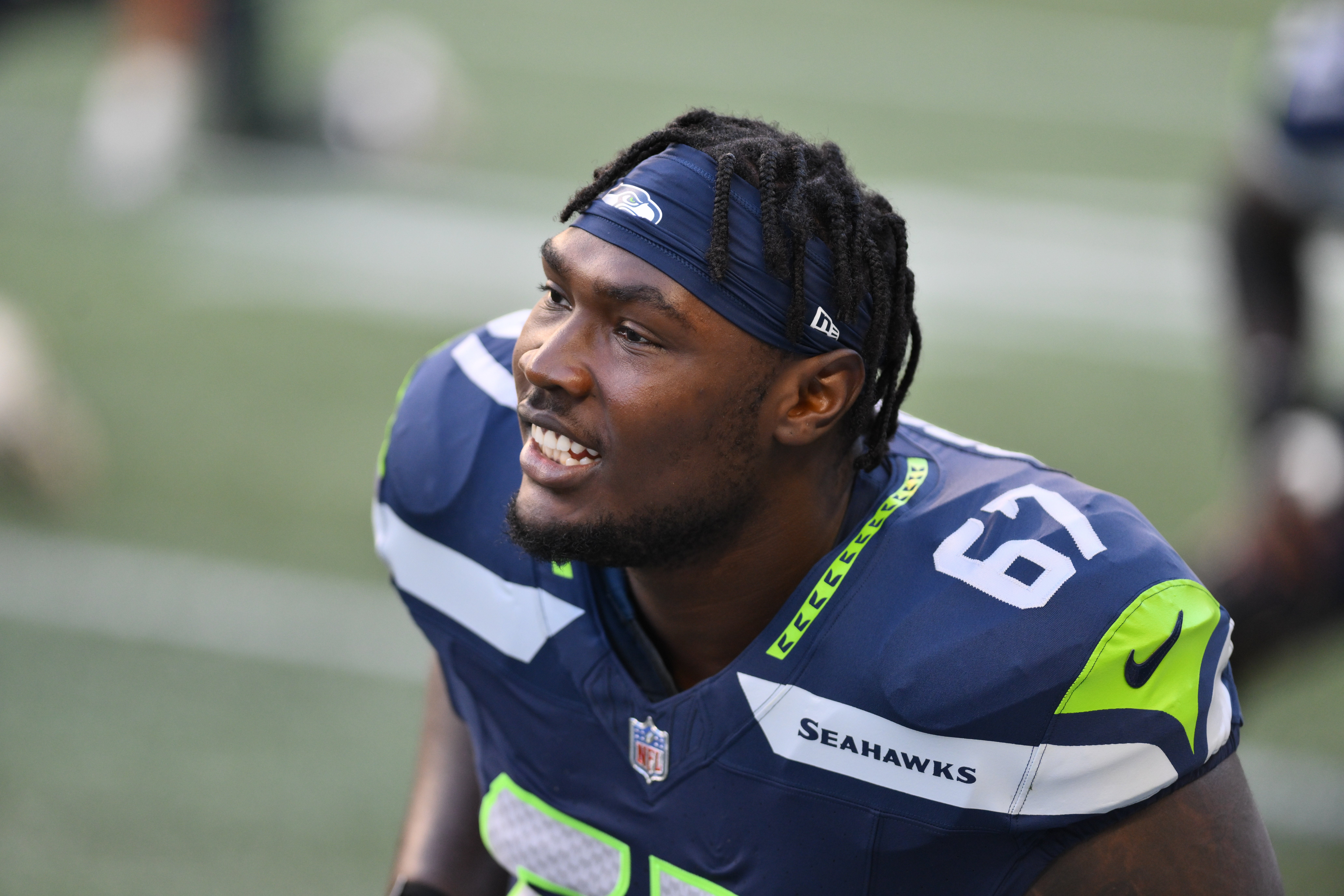 Aug 10, 2023; Seattle, Washington, USA; Seattle Seahawks offensive tackle Charles Cross (67) during warmups prior to the game at Lumen Field.