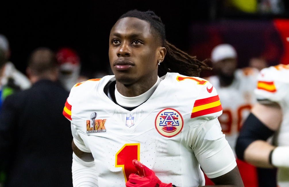 Feb 9, 2025; New Orleans, LA, USA; Kansas City Chiefs wide receiver Xavier Worthy (1) against the Philadelphia Eagles in Super Bowl LIX at Ceasars Superdome.  