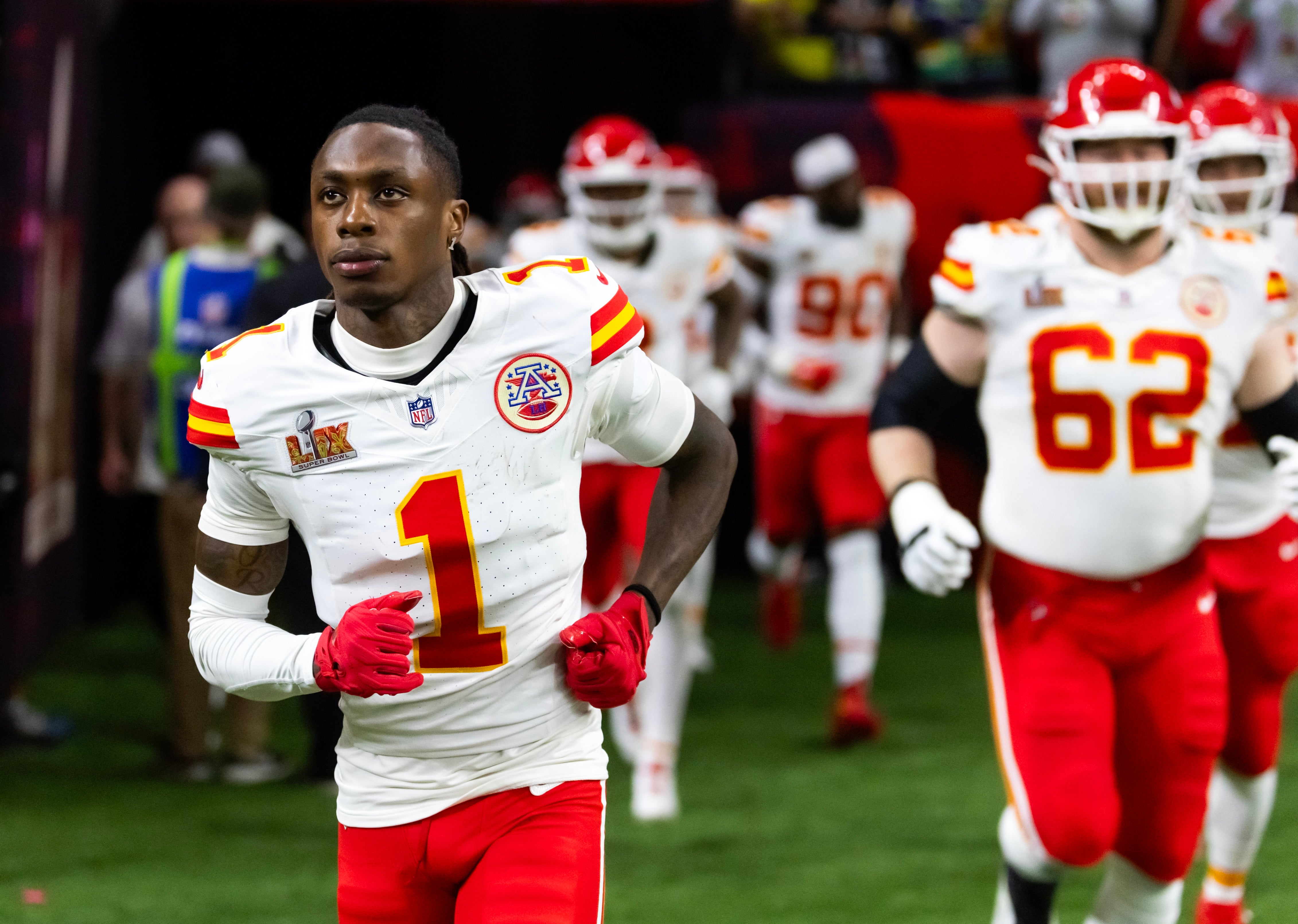 Feb 9, 2025; New Orleans, LA, USA; Kansas City Chiefs wide receiver Xavier Worthy (1) against the Philadelphia Eagles in Super Bowl LIX at Ceasars Superdome.