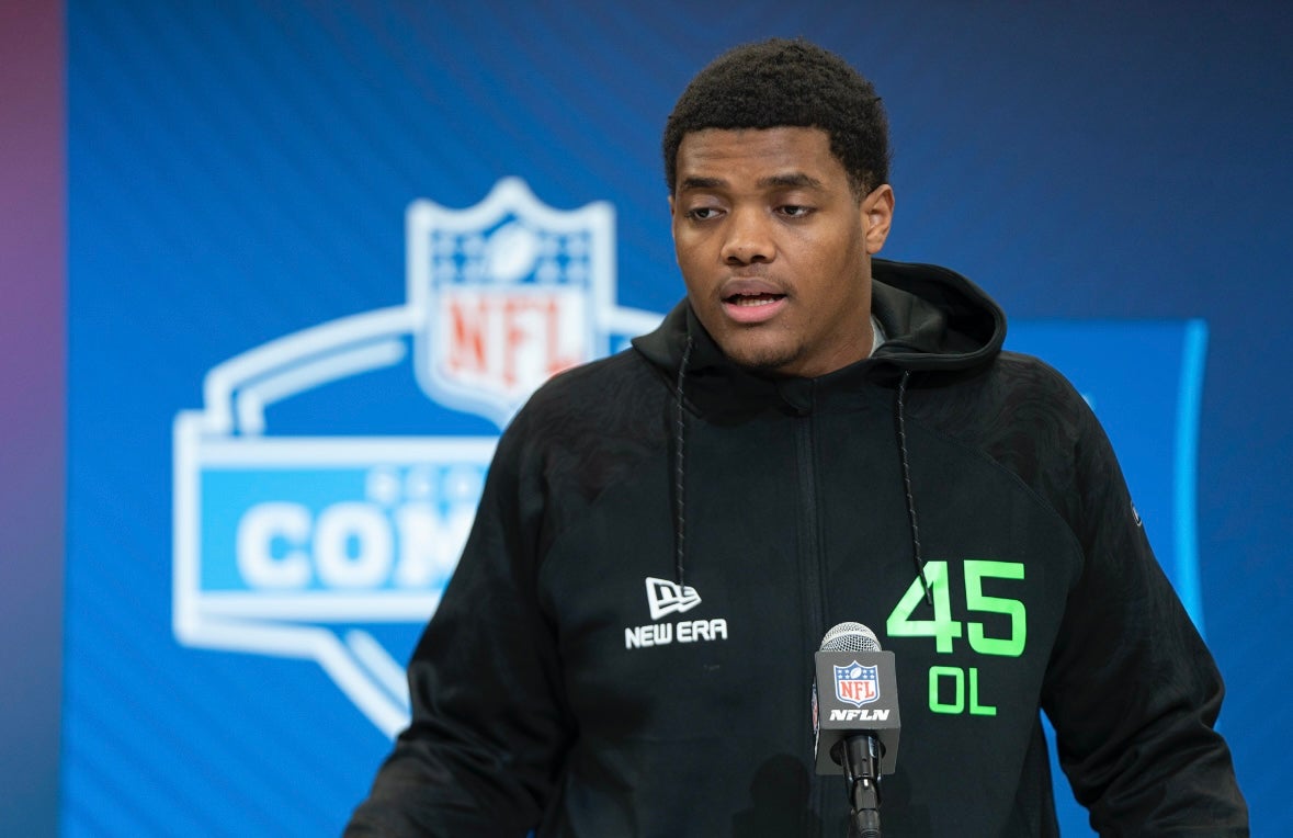 Alabama A&M offensive lineman Carson Vinson (OL45) answers questions at a press conference during the 2025 NFL Combine at Indiana Convention Center.