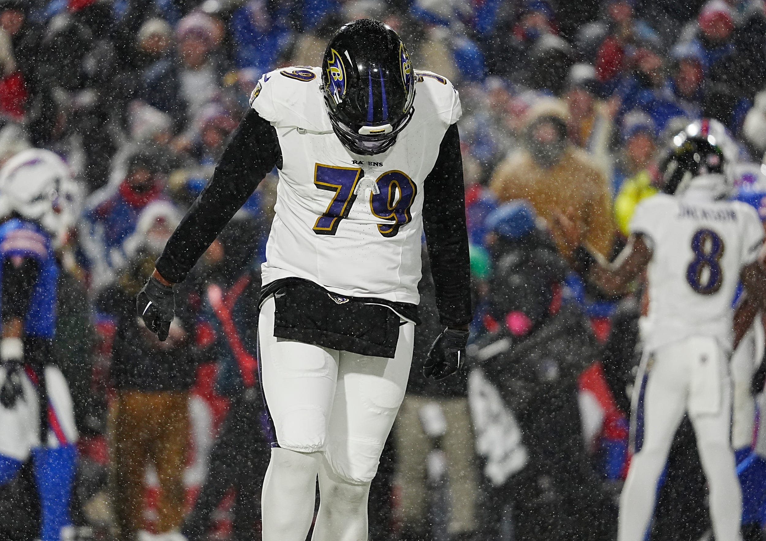 Baltimore Ravens offensive tackle Ronnie Stanley reacts when his team did not score going for the two-point conversion late in the fourth quarter during their divisional game against the Buffalo Bills at Highmark Stadium in Orchard Park on Jan. 19, 2025.