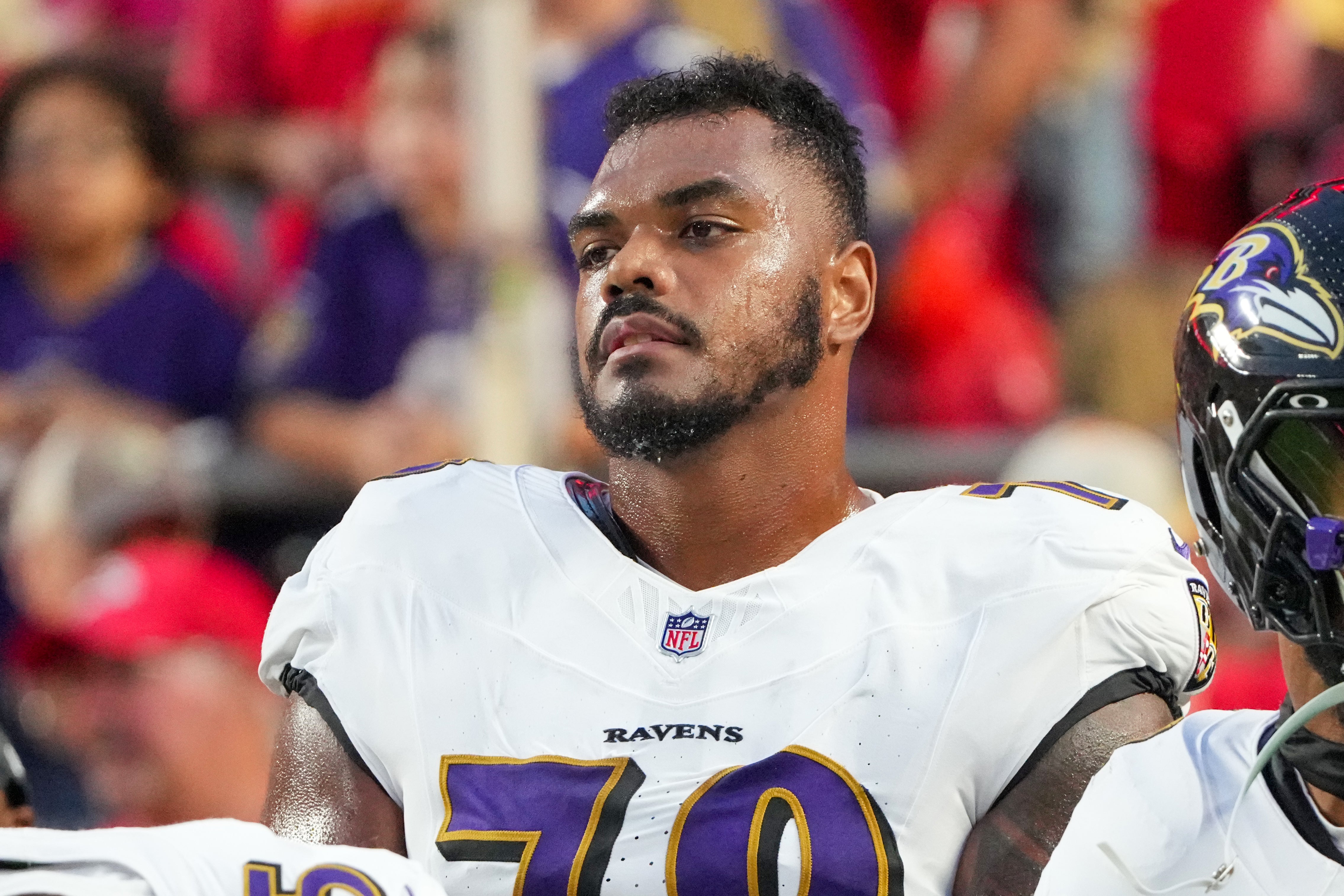 Sep 5, 2024; Kansas City, Missouri, USA; Baltimore Ravens offensive tackle Ronnie Stanley (79) on field prior to a game against the Kansas City Chiefs at GEHA Field at Arrowhead Stadium.
