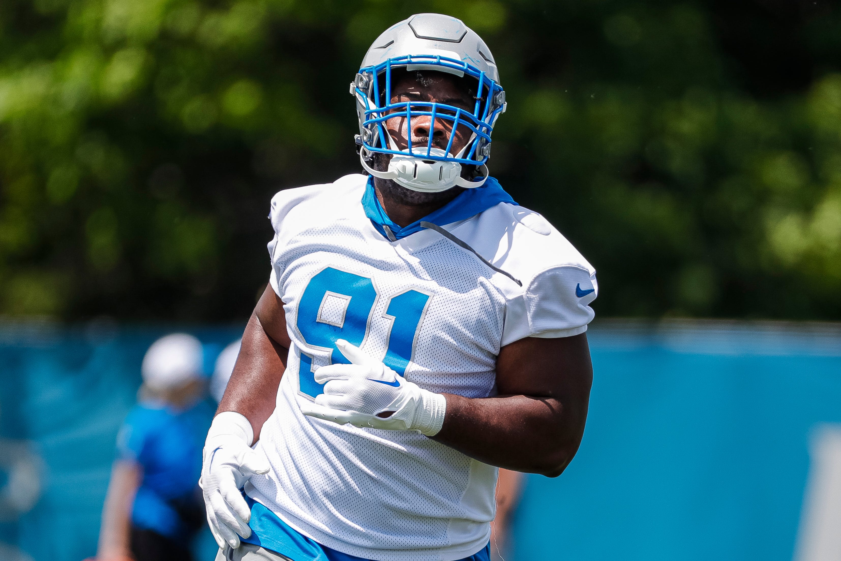 Defensive end Levi Onwuzurike practices during minicamp at Detroit Lions headquarters and practice facility in Allen Park on Tuesday, June 4, 2024.  