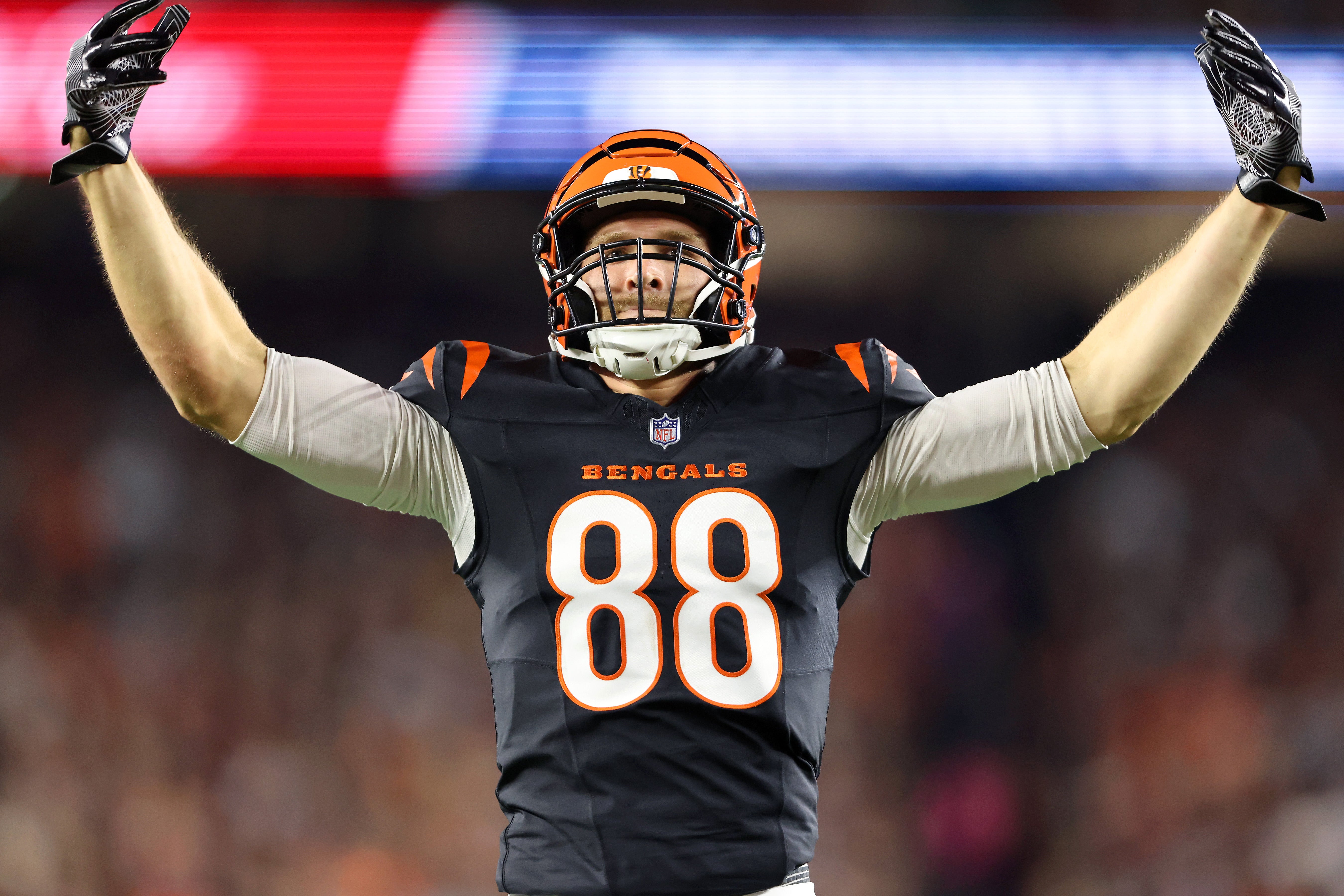 Sep 23, 2024; Cincinnati, Ohio, USA; Cincinnati Bengals tight end Mike Gesicki (88) reacts after his first down catch during the second quarter against the Washington Commanders at Paycor Stadium.