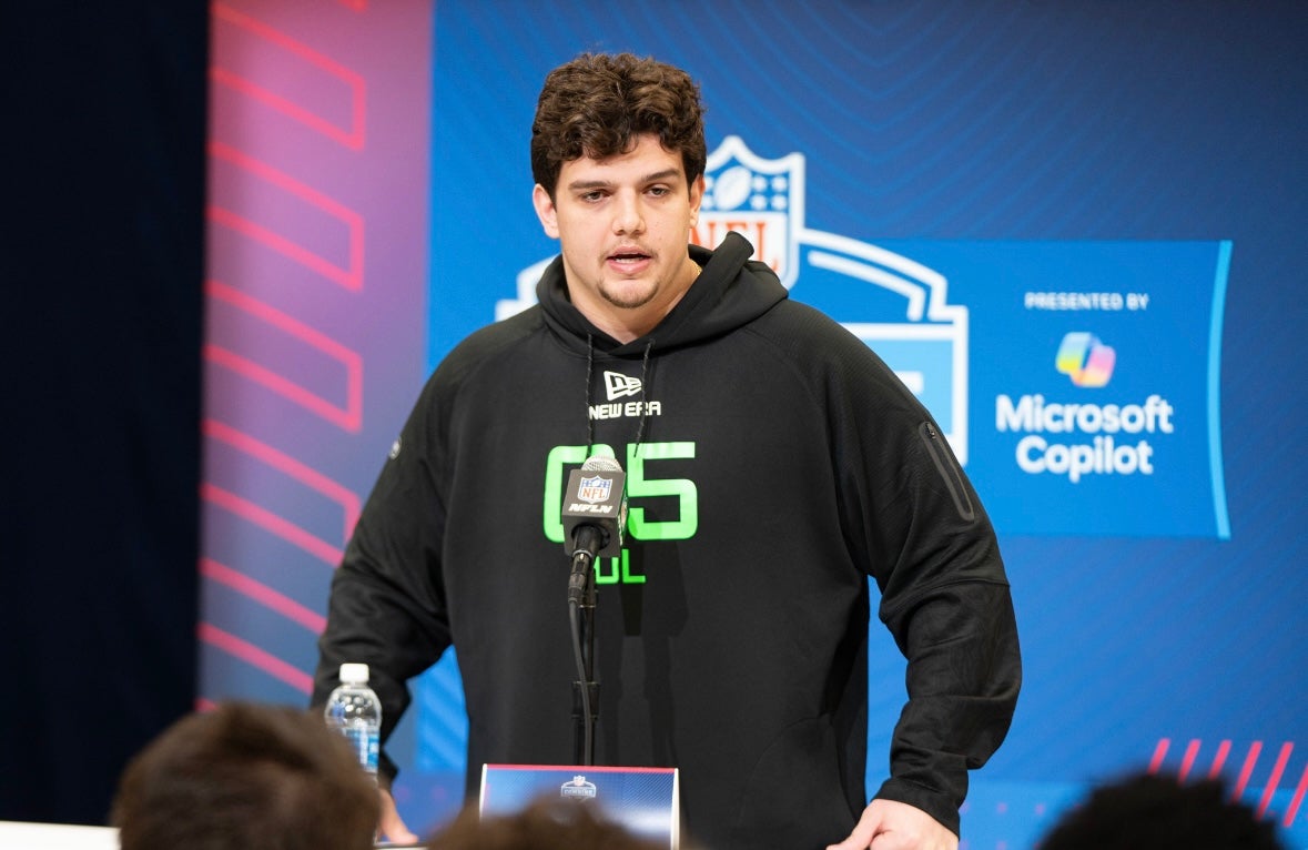 Louisiana State University offensive lineman Will Campbell (OL05) answers questions at a press conference during the 2025 NFL Combine at Indiana Convention Center.