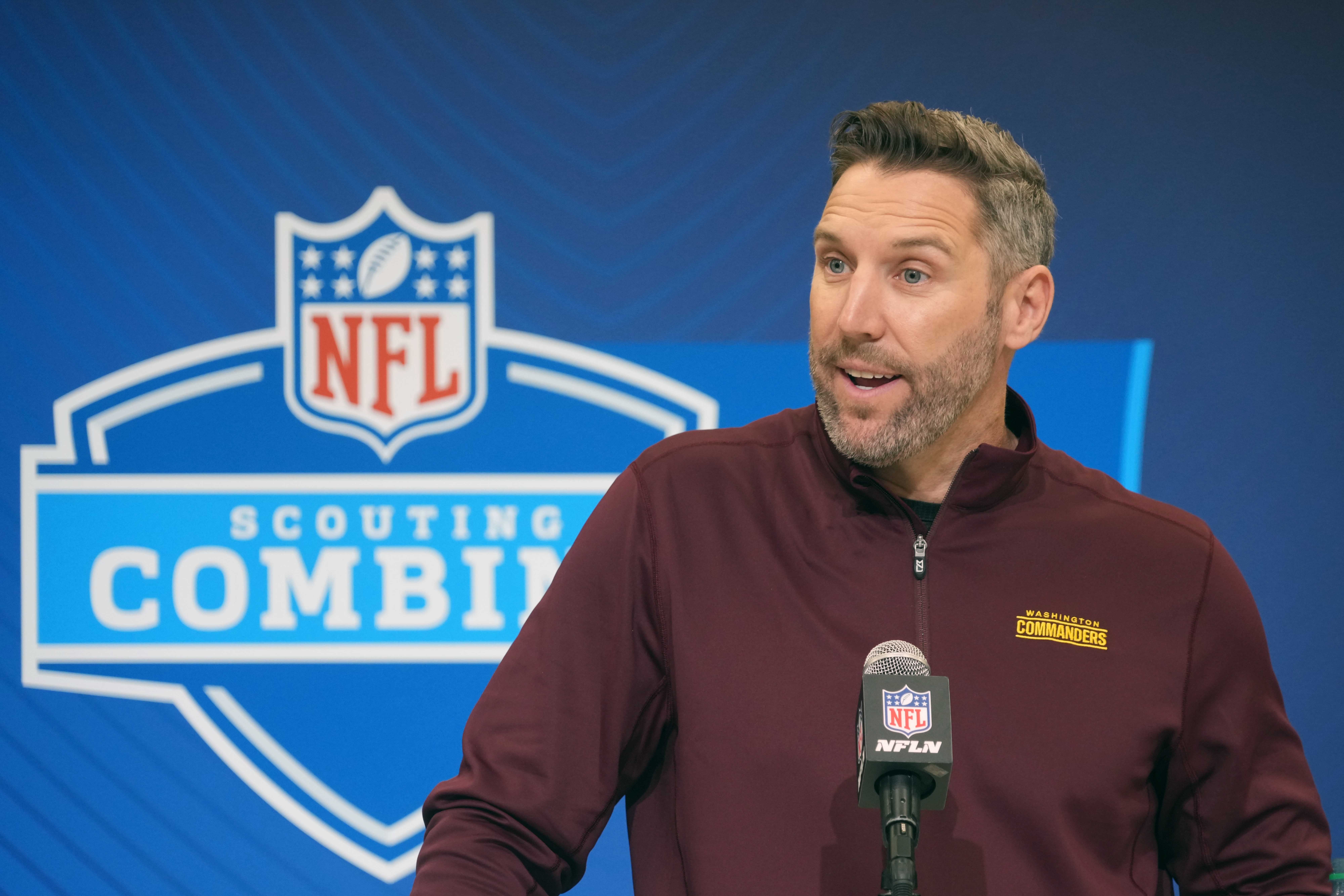 Feb 25, 2025; Indianapolis, IN, USA; Washington Commanders general manager Adam Peters speaks during the NFL Scouting Combine at the Indiana Convention Center.