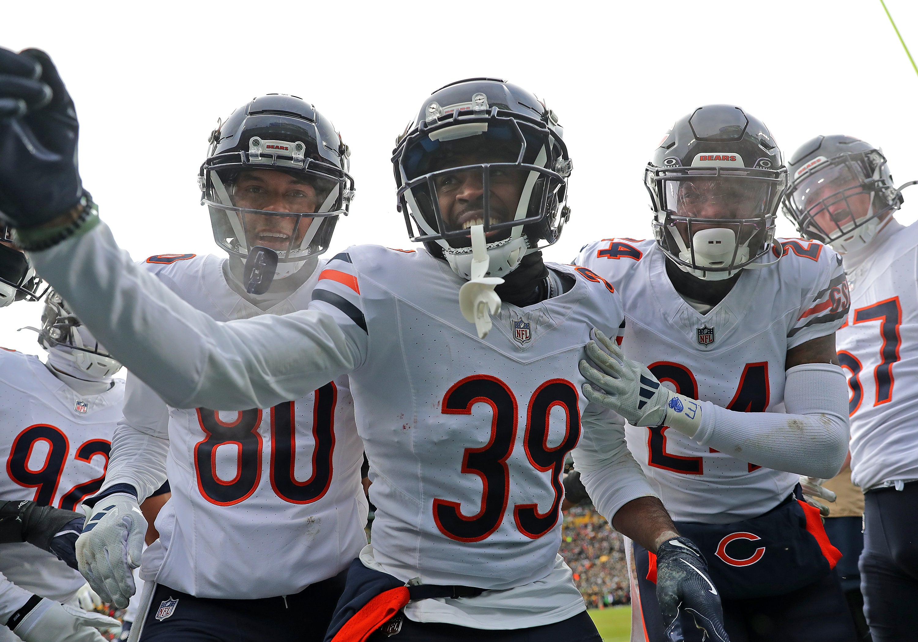 Jan 5, 2025; Green Bay, Wisconsin, USA; Chicago Bears cornerback Josh Blackwell (39) celebrates after returning a punt for a touchdown against Green Bay Packers on Sunday, January 5, 2025 at Lambeau Field.
