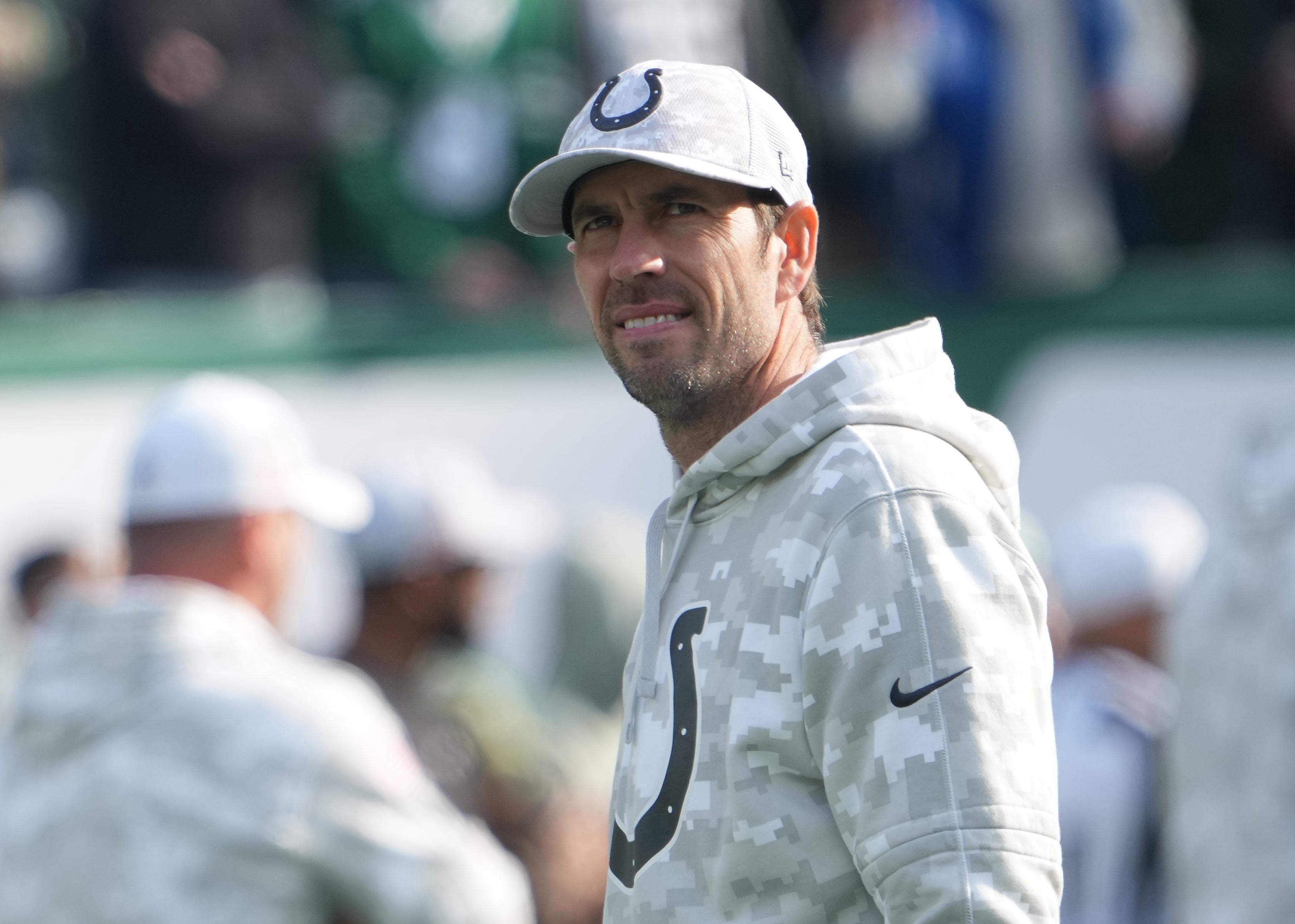 Nov 17, 2024; East Rutherford, New Jersey, USA; Indianapolis Colts head coach Shane Steichen looks on before the game against the Jets at MetLife Stadium.