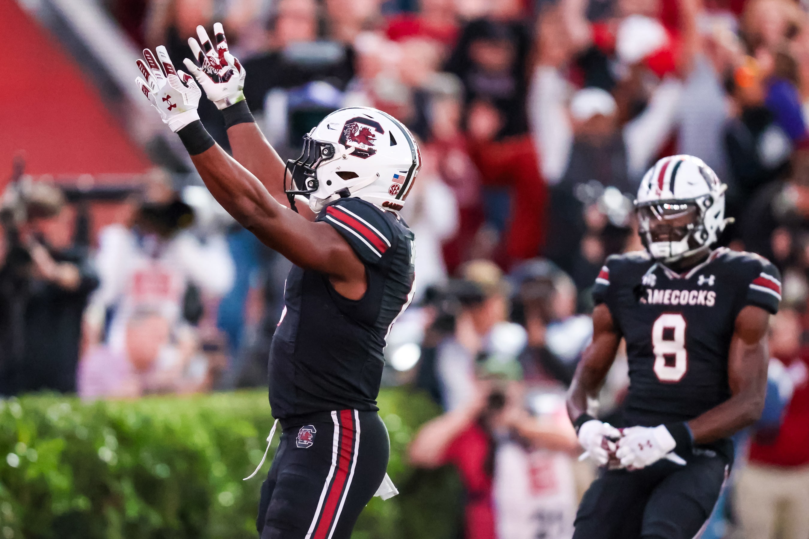 Joshua Simon, TE South Carolina celebrates a touchdown