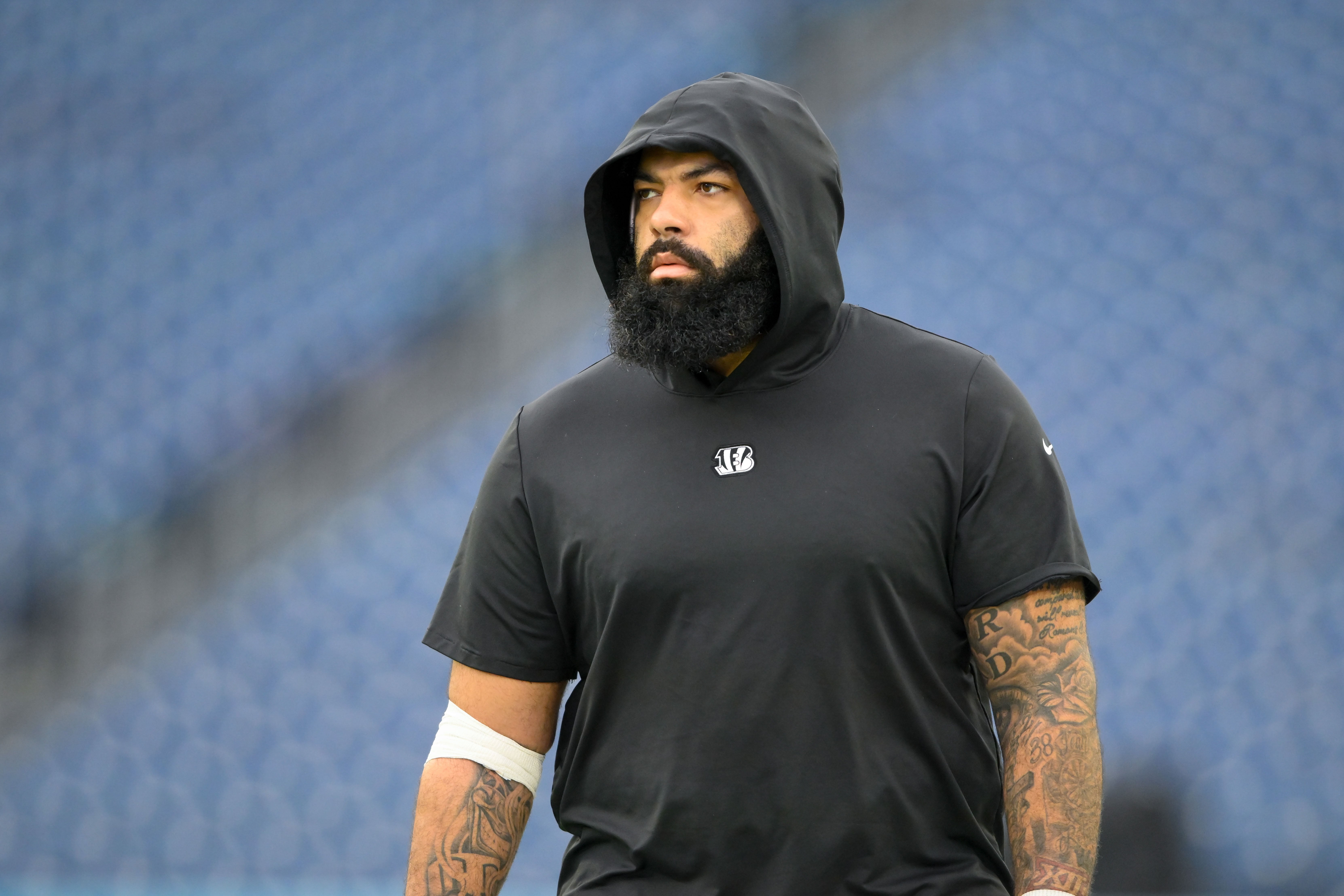 Dec 15, 2024; Nashville, Tennessee, USA; Cincinnati Bengals guard Cody Ford (61) warms up before a game against the Tennessee Titans at Nissan Stadium.