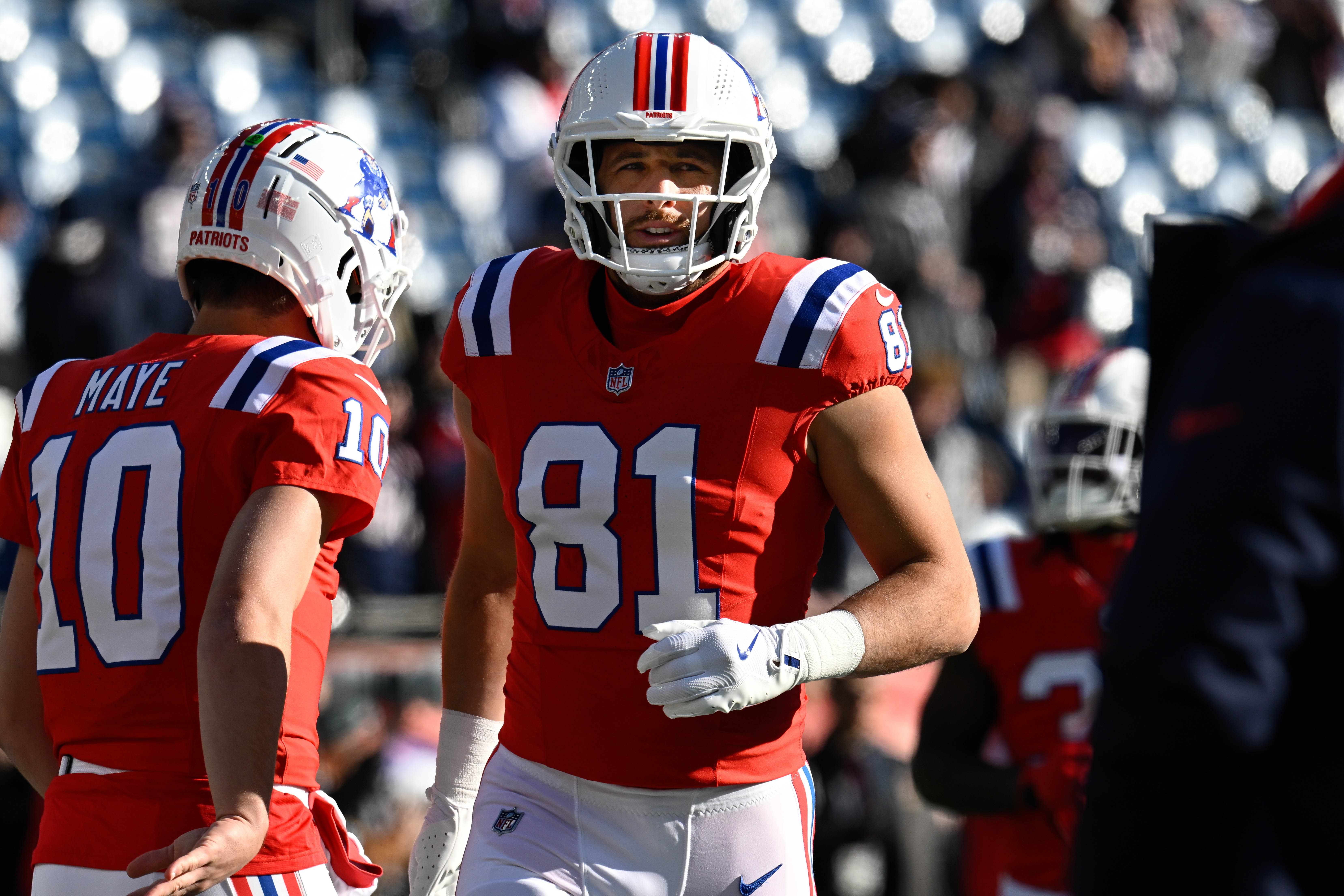 Dec 1, 2024; Foxborough, Massachusetts, USA; New England Patriots tight end Austin Hooper (81) warms up before a game against the Indianapolis Colts at Gillette Stadium.