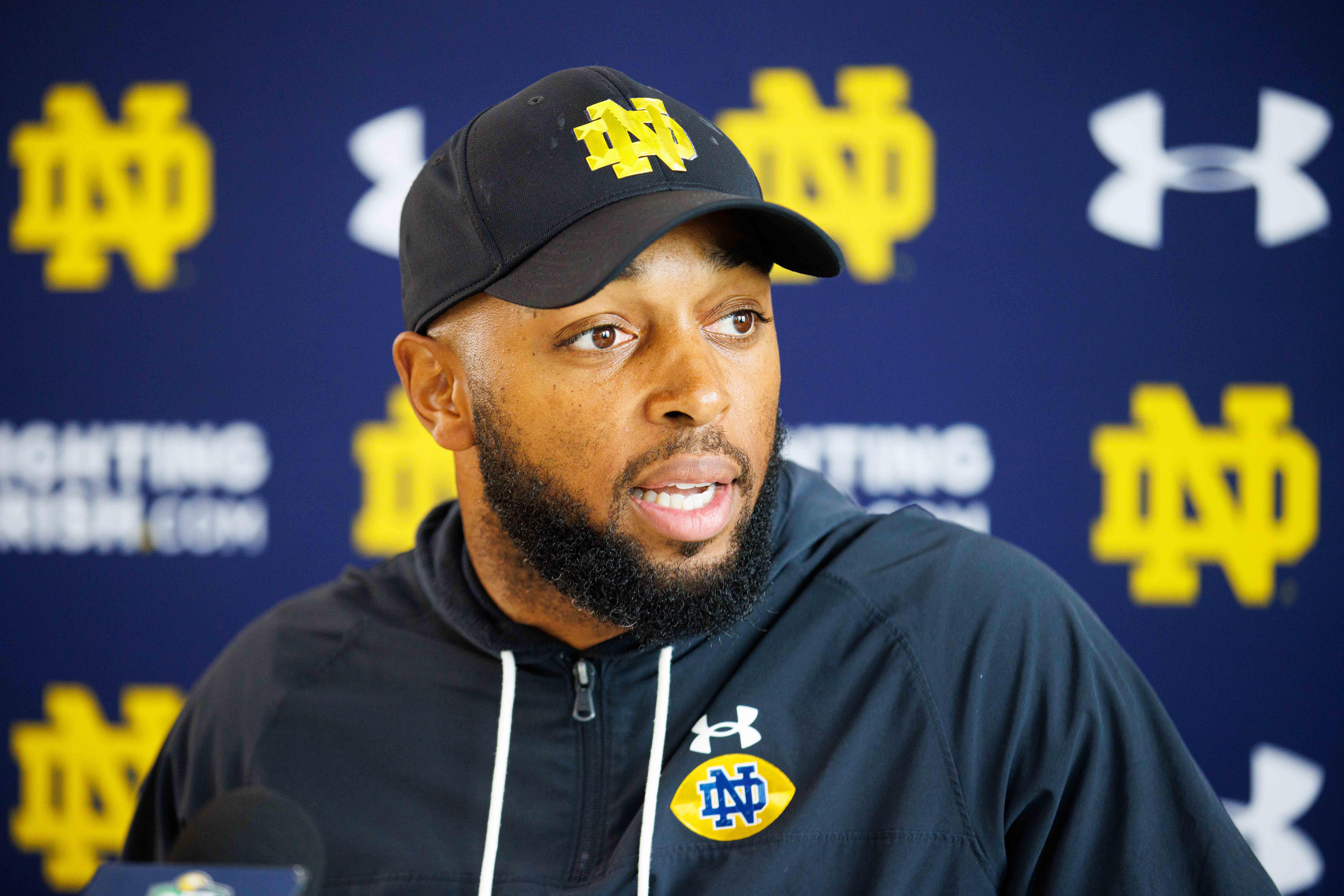Notre Dame wide receivers coach Mike Brown addresses media after a Notre Dame football practice at Irish Athletic Center on Thursday, Aug. 15, 2024, in South Bend.