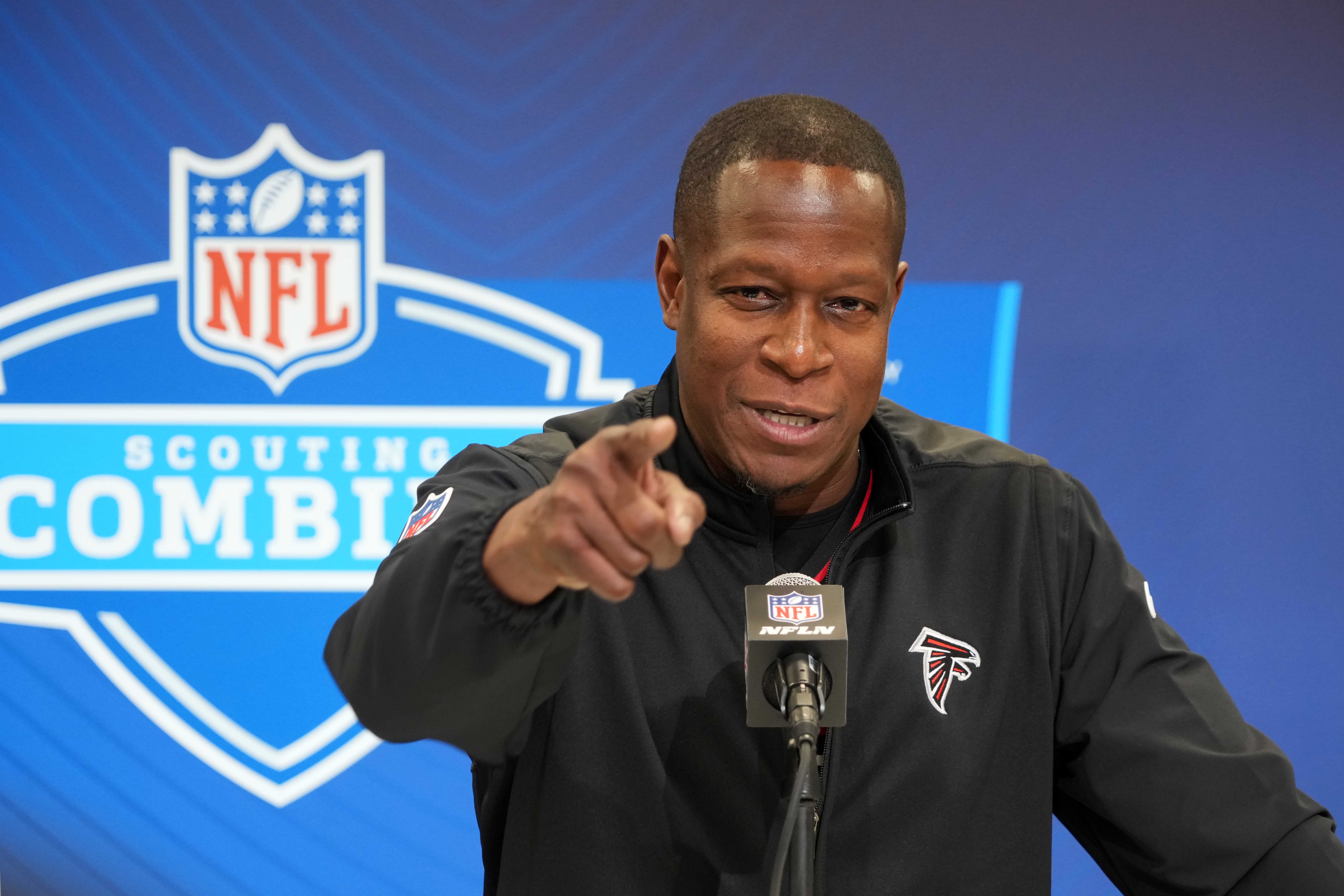 Feb 25, 2025; Indianapolis, IN, USA; Atlanta Falcons coach Raheem Morris speaks during the NFL Scouting Combine at the Indiana Convention Center.