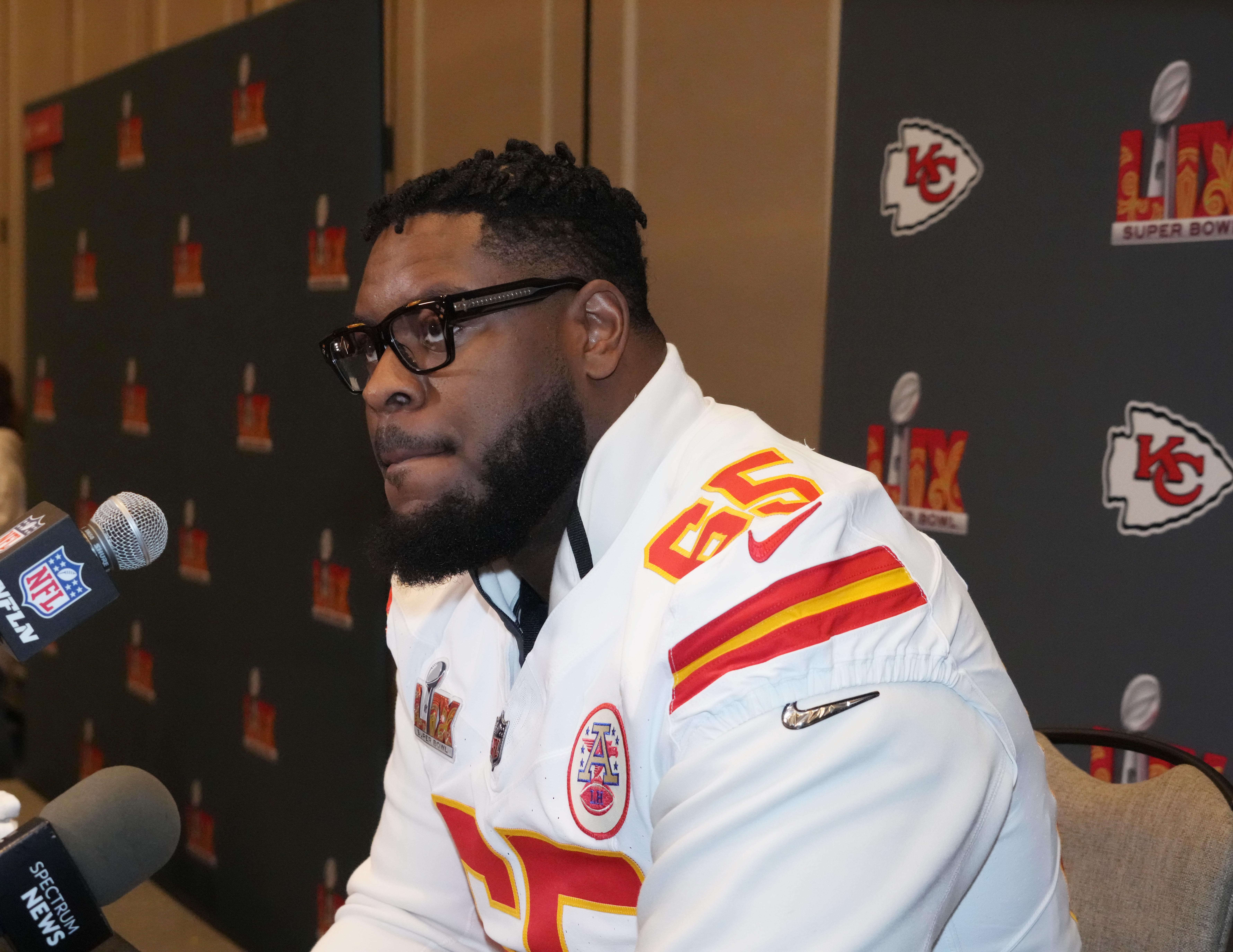 Feb 5, 2025; New Orleans, LA, USA; Kansas City Chiefs guard Trey Smith (65) in a press conference ahead of Super Bowl LIX at New Orleans Marriott.