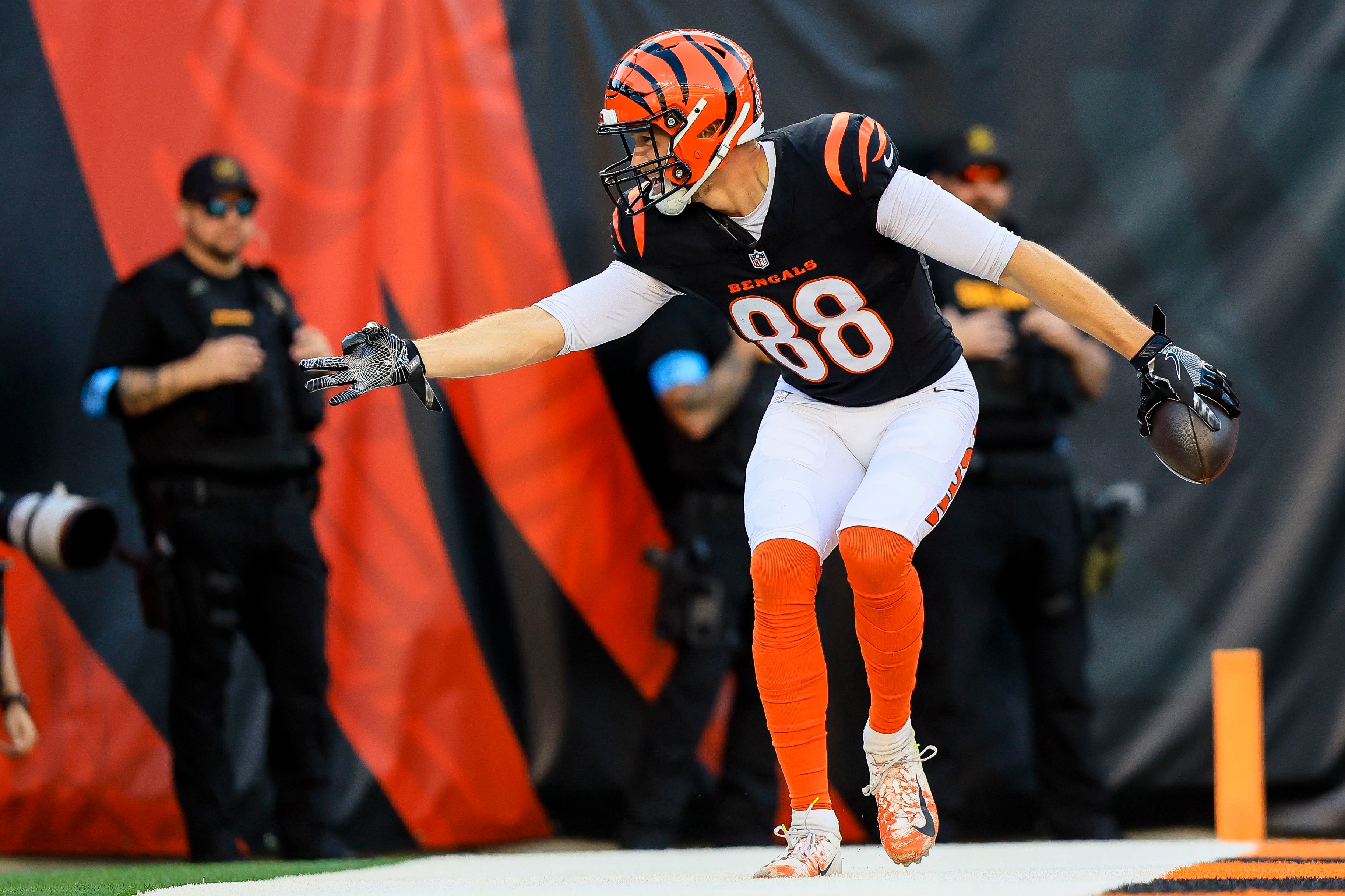 Nov 3, 2024; Cincinnati, Ohio, USA; Cincinnati Bengals tight end Mike Gesicki (88) reacts after scoring a touchdown against the Las Vegas Raiders in the second half at Paycor Stadium.
