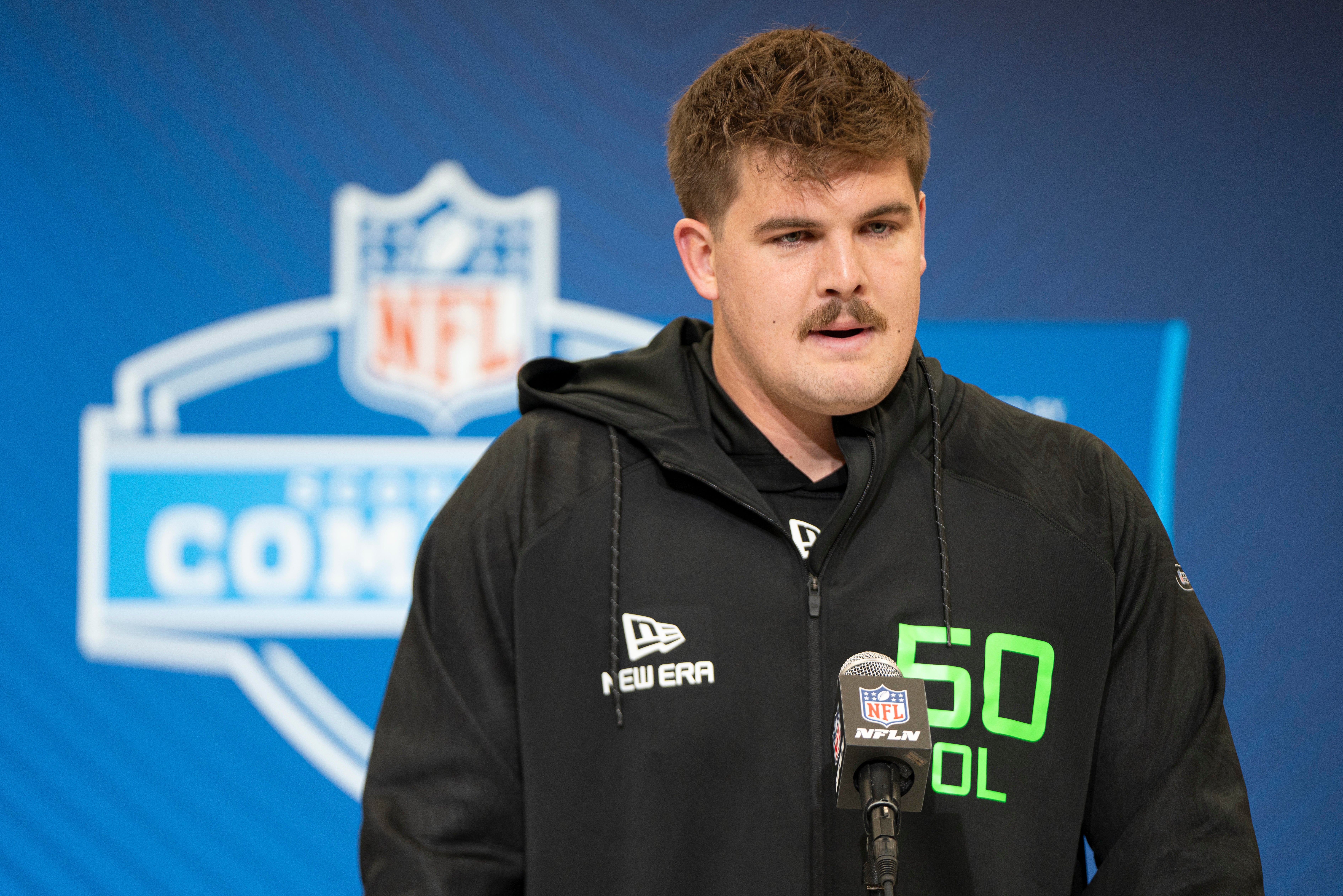 Mar 1, 2025; Indianapolis, IN, USA; North Dakota State University offensive lineman Grey Zabel (OL50) answers questions at a press conference during the 2025 NFL Combine at Indiana Convention Center.