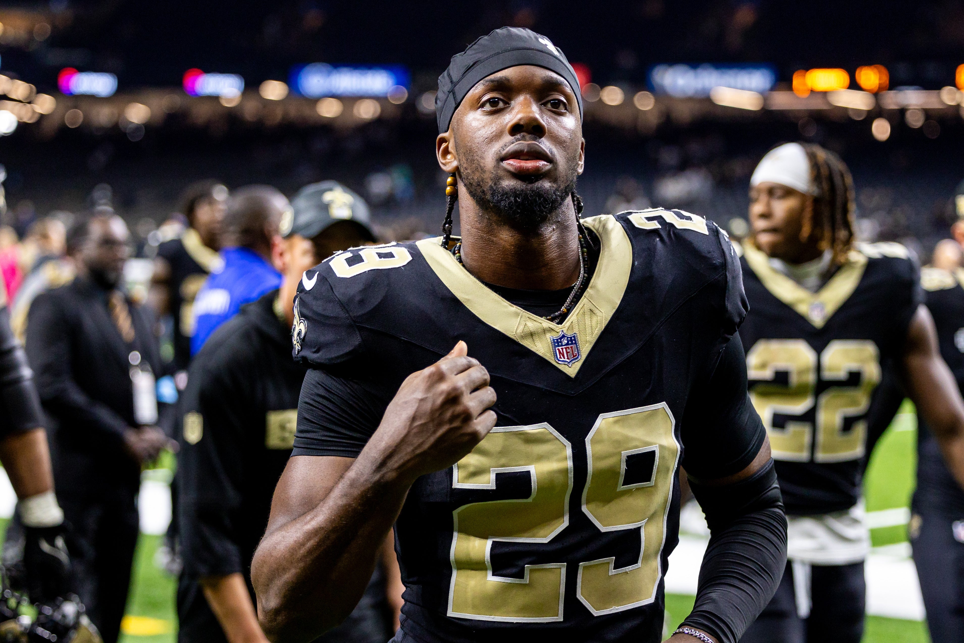 New Orleans Saints cornerback Paulson Adebo (29) heads to the locker room after the game against the Carolina Panthers at Caesars Superdome.