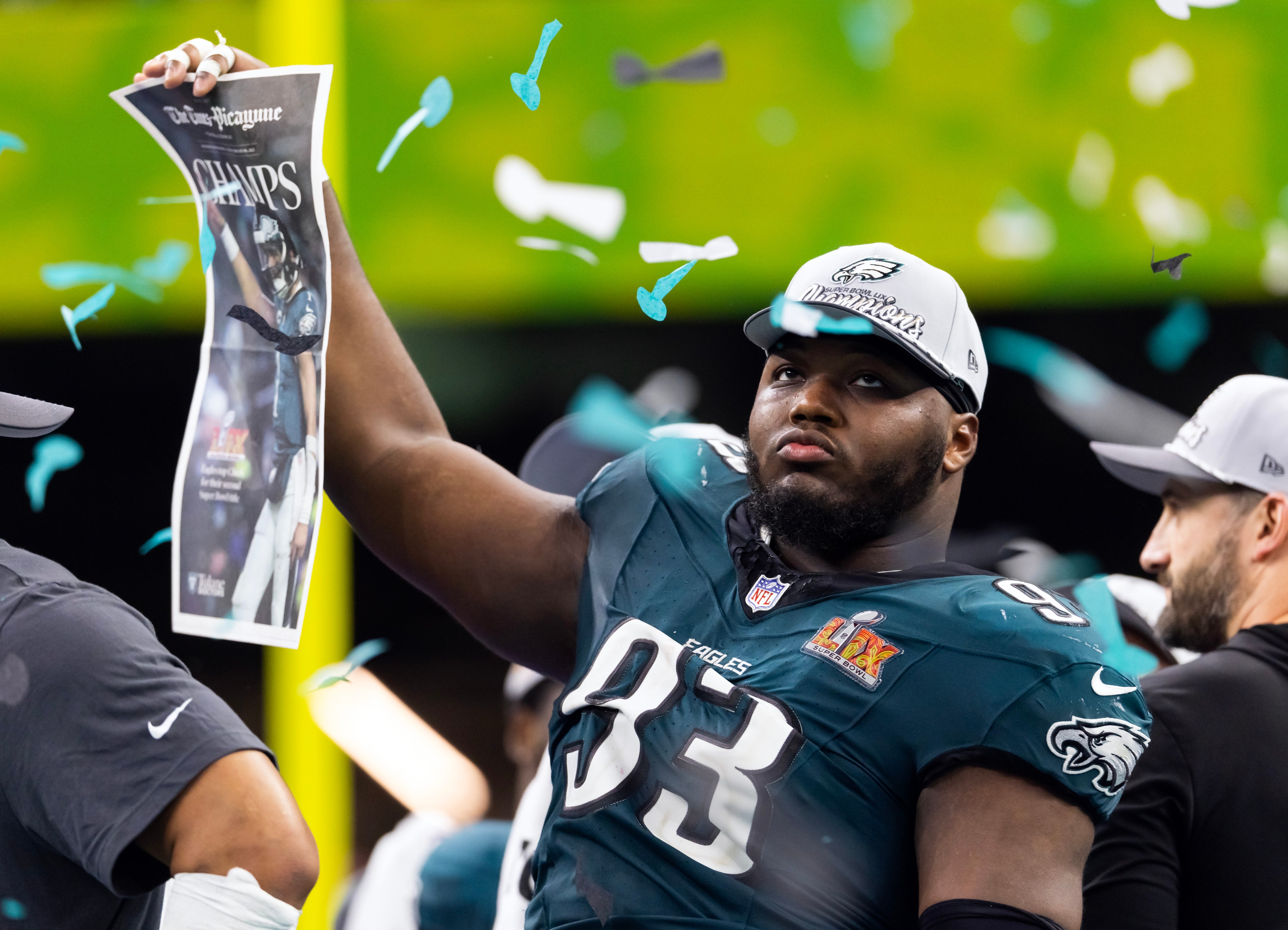 Philadelphia Eagles defensive tackle Milton Williams (93) celebrates after defeating the Kansas City Chiefs during Super Bowl LIX at Ceasars Superdome.