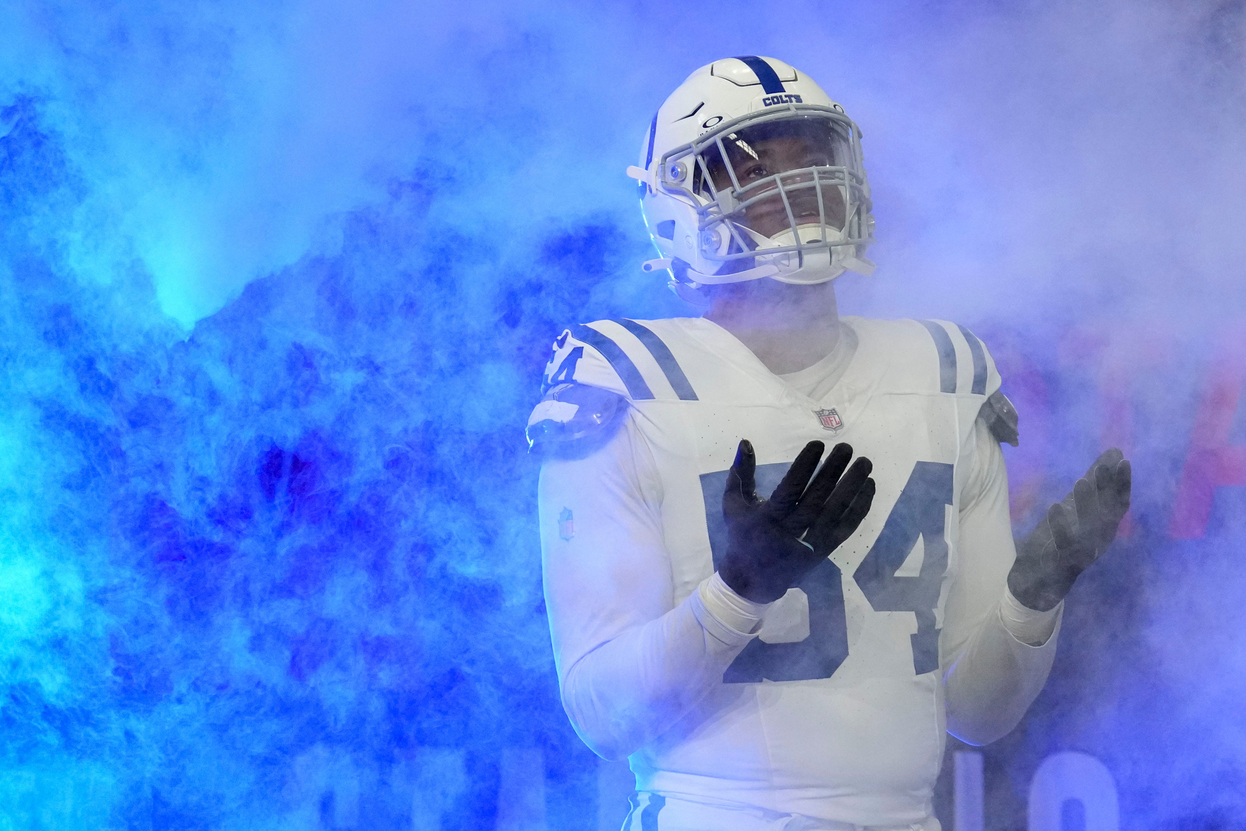 Indianapolis Colts defensive end Dayo Odeyingbo (54) takes the field Sunday, Dec. 22, 2024, ahead of a game against the Tennessee Titans at Lucas Oil Stadium in Indianapolis.