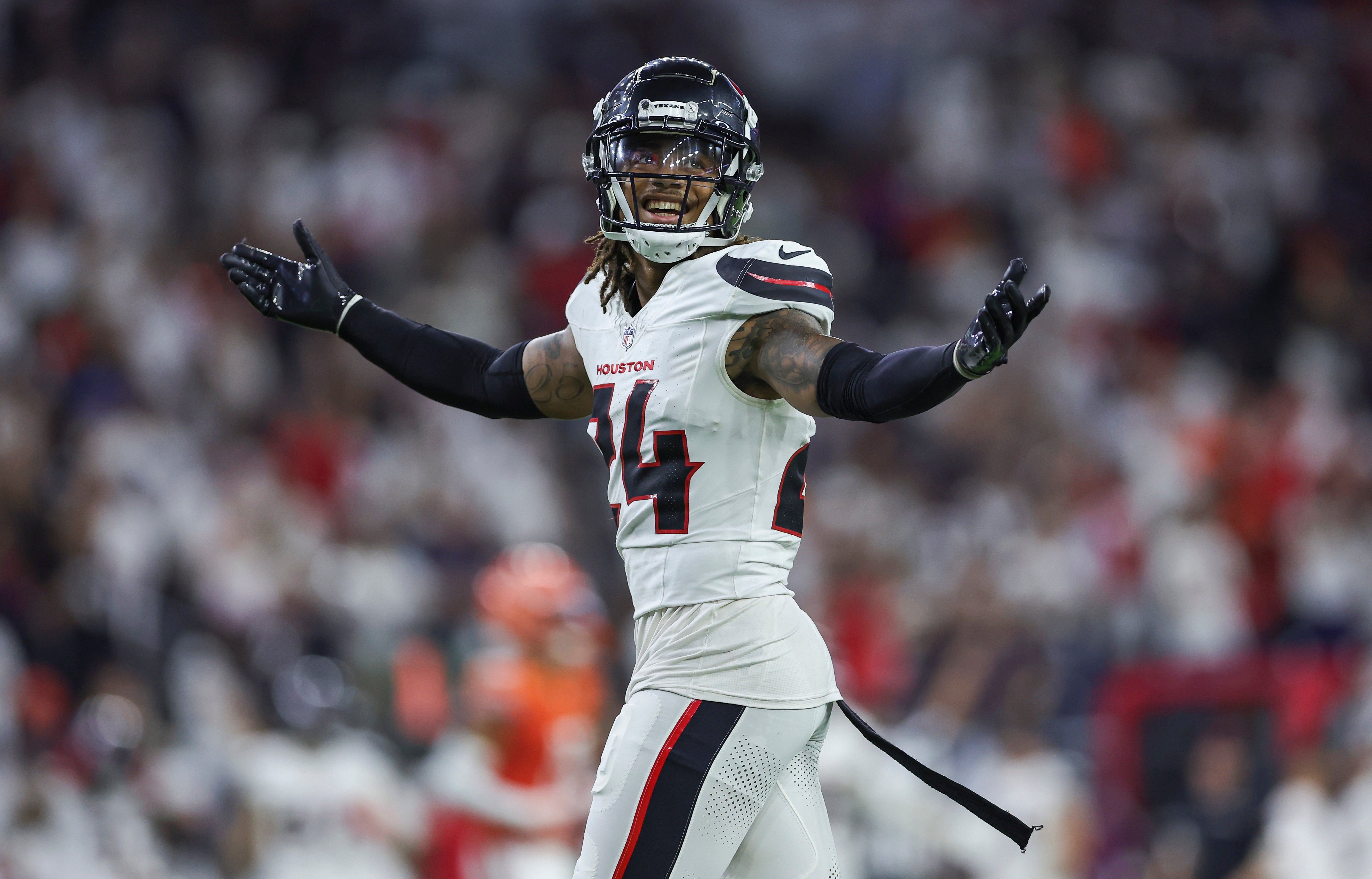 Sep 15, 2024; Houston, Texas, USA; Houston Texans cornerback Derek Stingley Jr. (24) reacts after a play during the fourth quarter against the Chicago Bears at NRG Stadium.