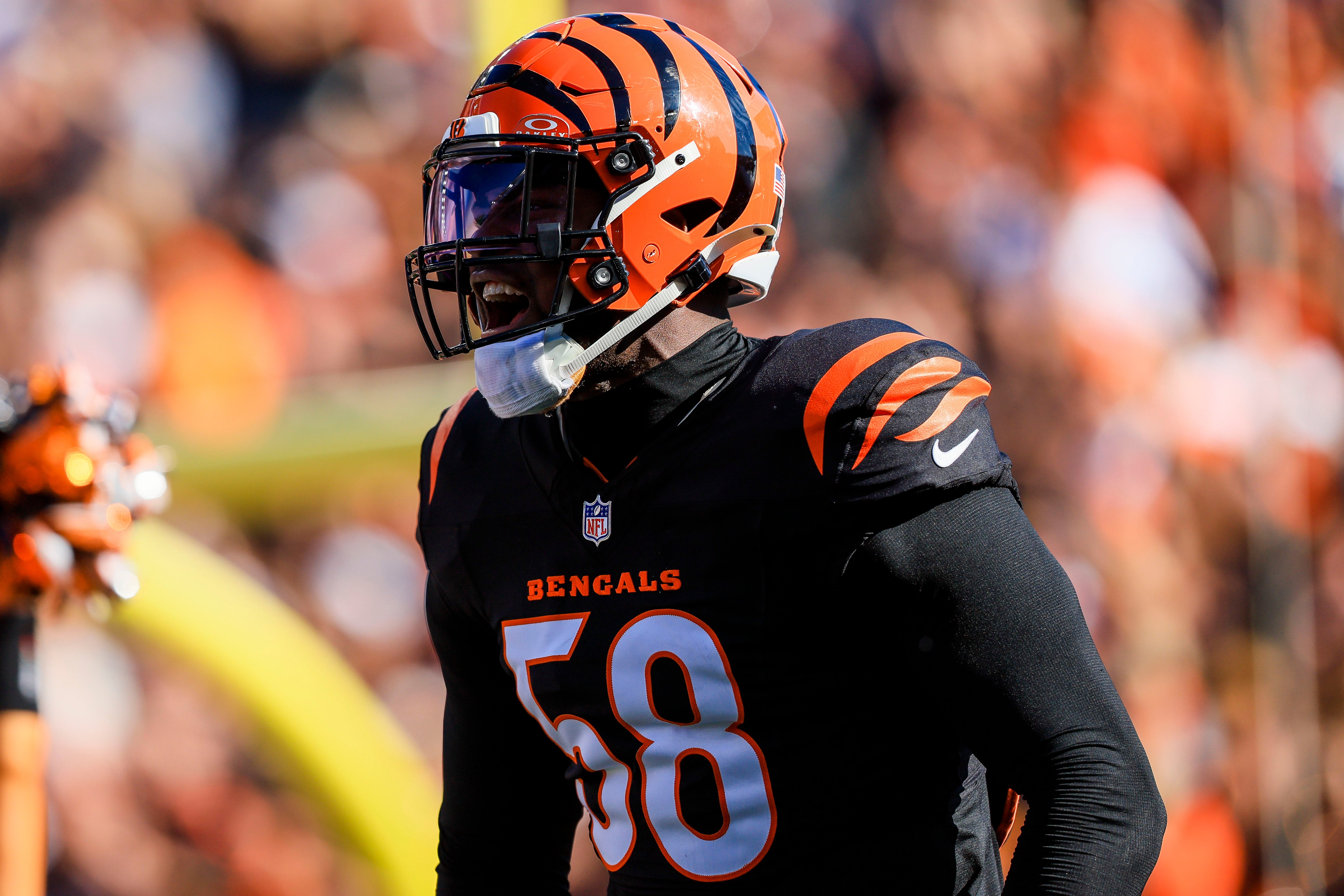 Nov 3, 2024; Cincinnati, Ohio, USA; Cincinnati Bengals defensive end Joseph Ossai (58) runs onto the field before the game against the Las Vegas Raiders at Paycor Stadium.