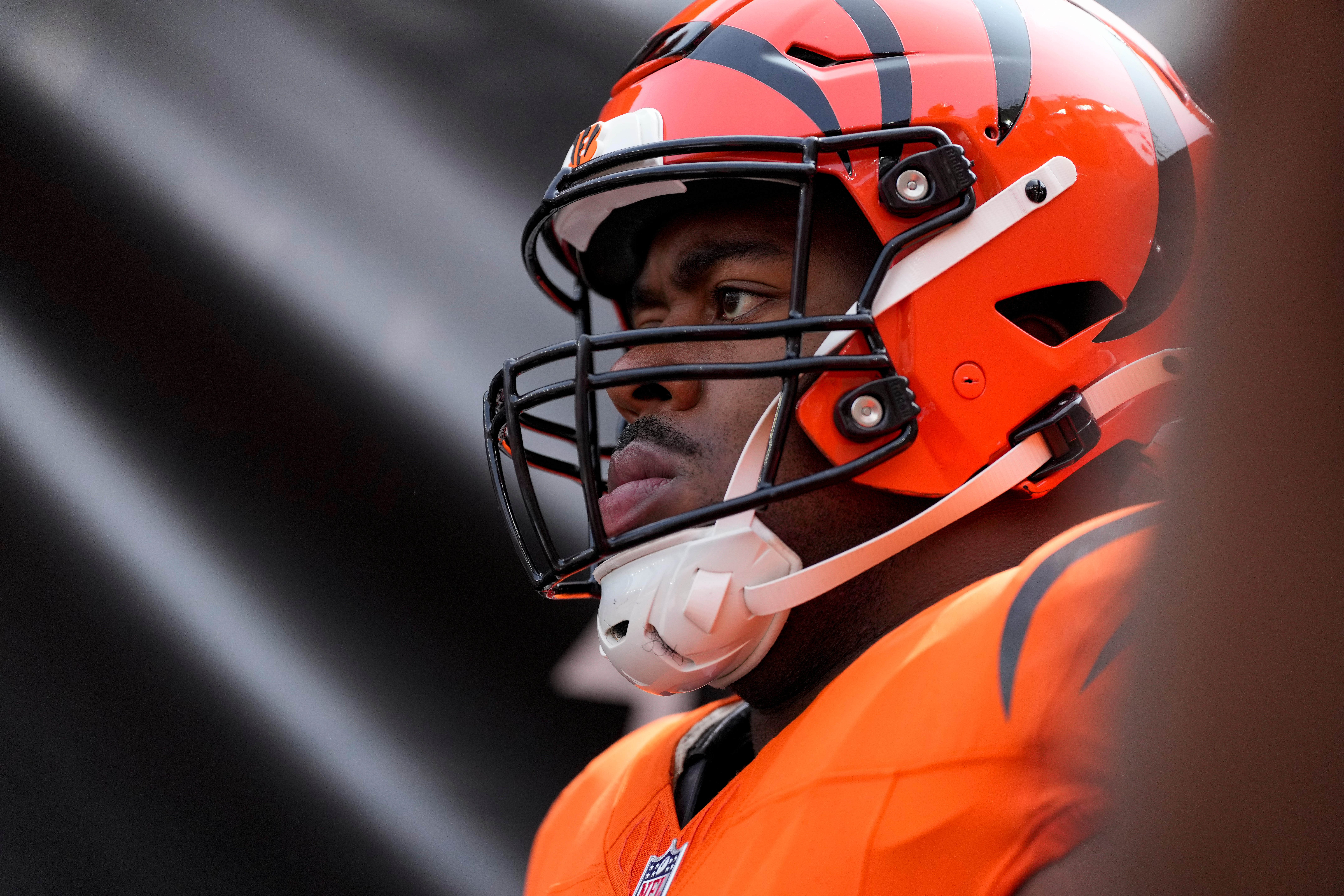 Sep 8, 2024; Cincinnati, Ohio, USA; Cincinnati Bengals defensive tackle B.J. Hill (92) prepares to take the field for the first quarter of the NFL Week 1 game between the Cincinnati Bengals and the New England at Paycor Stadium.
