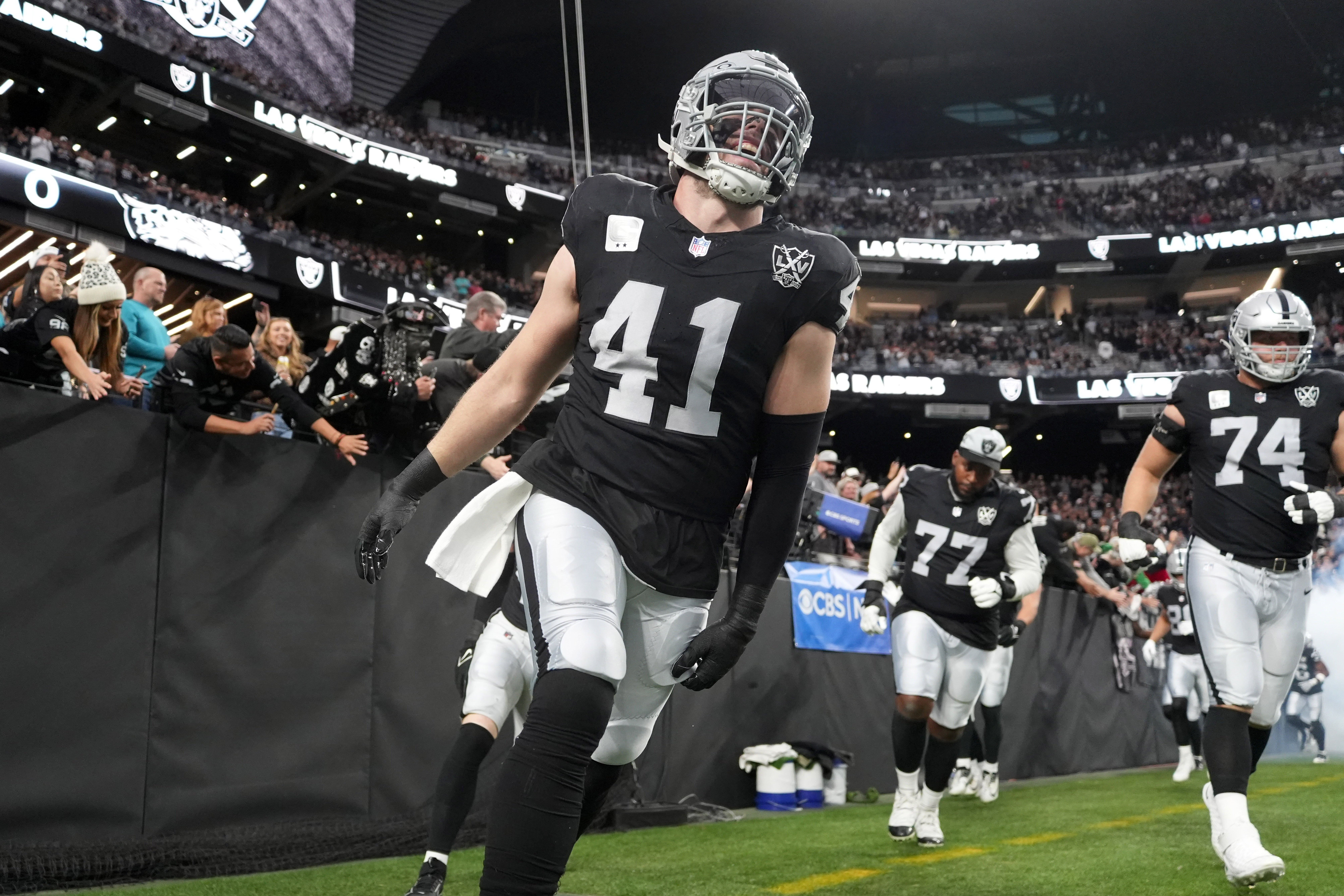 Dec 22, 2024; Paradise, Nevada, USA; Las Vegas Raiders linebacker Robert Spillane (41) enters the field before the game against the Jacksonville Jaguars at Allegiant Stadium.