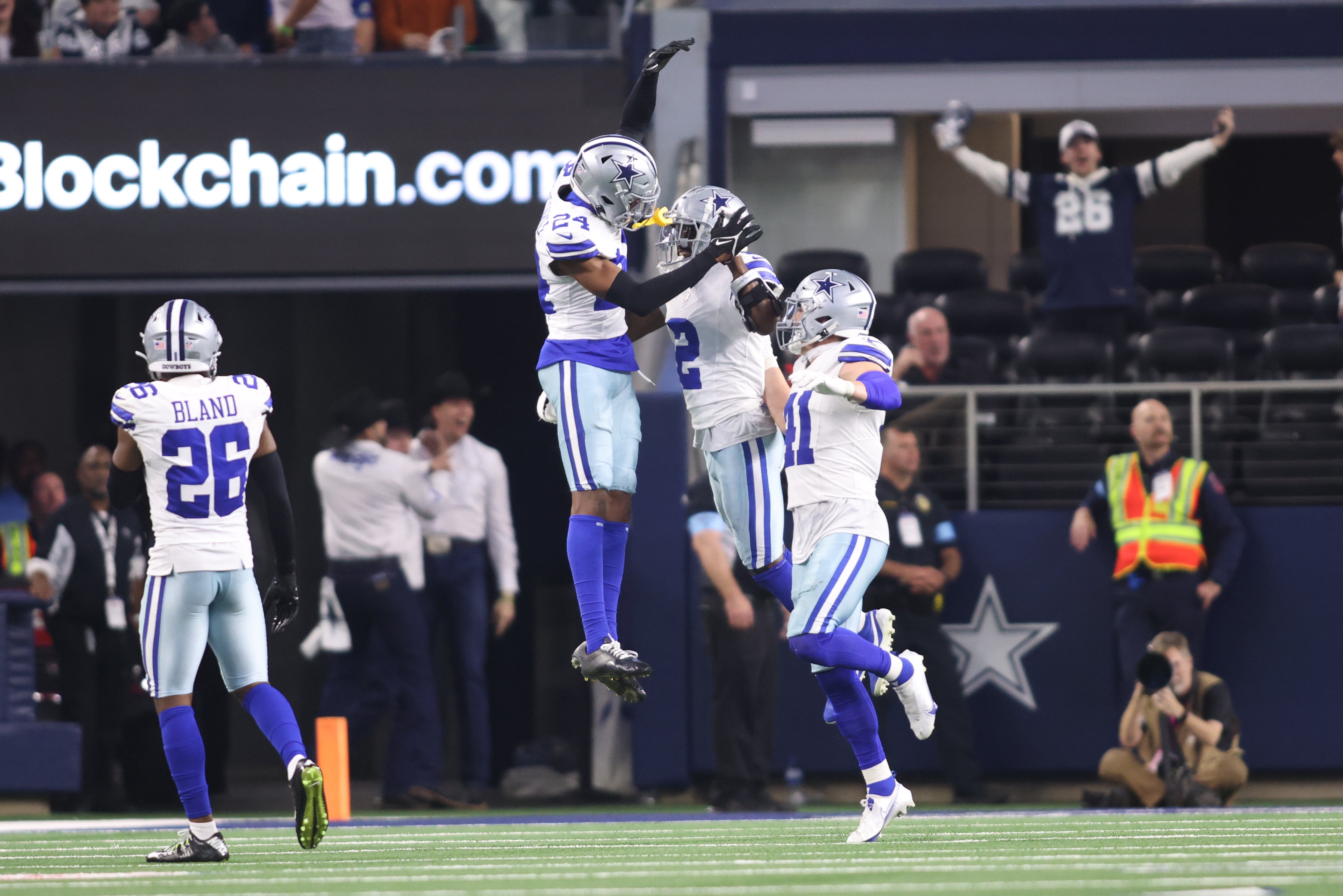Dallas Cowboys cornerback Jourdan Lewis (2) celebrates after making an interception in the fourth quarter against the Tampa Bay Buccaneers at AT&T Stadium.