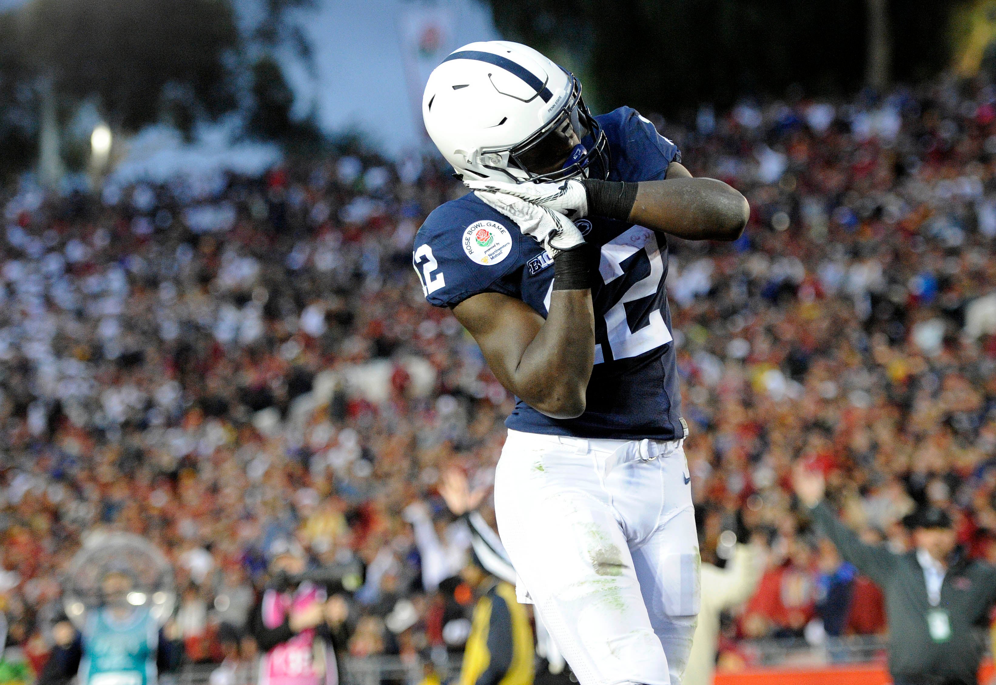 Penn State Nittany Lions wide receiver Chris Godwin (12) celebrates after he runs the ball in for a touchdown against the Southern California Trojans during the second half of the 2017 Rose Bowl game at the Rose Bowl.