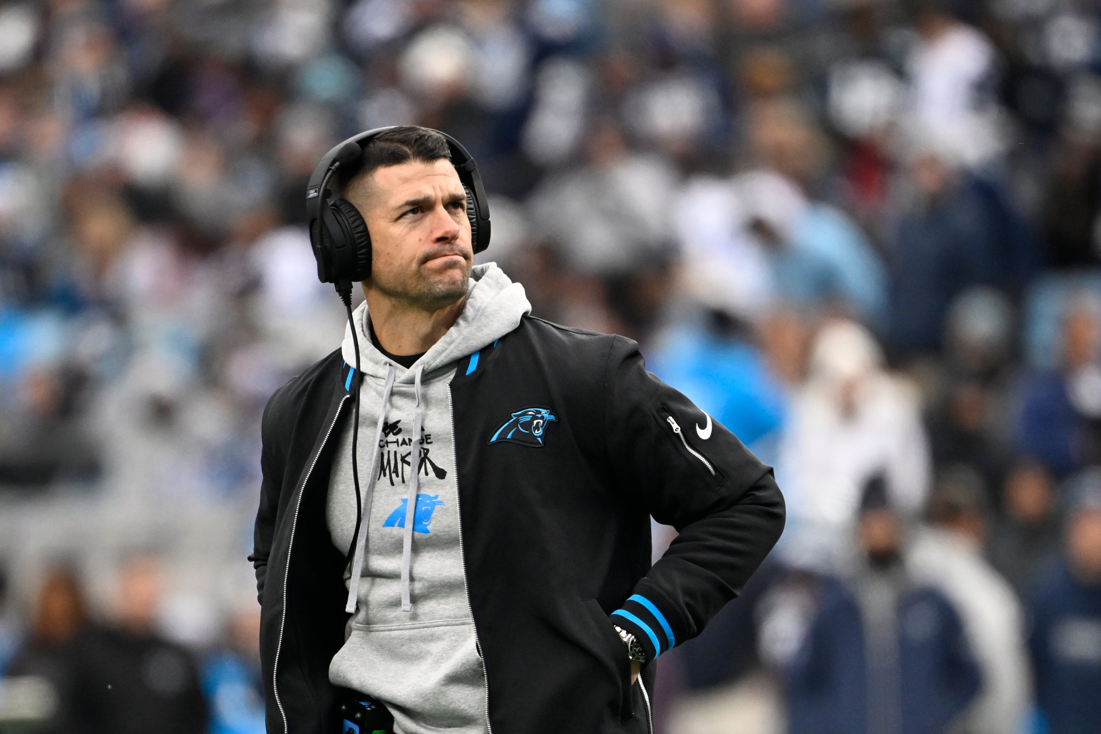 Dec 15, 2024; Charlotte, North Carolina, USA; Carolina Panthers head coach Dave Canales in the second quarter at Bank of America Stadium.