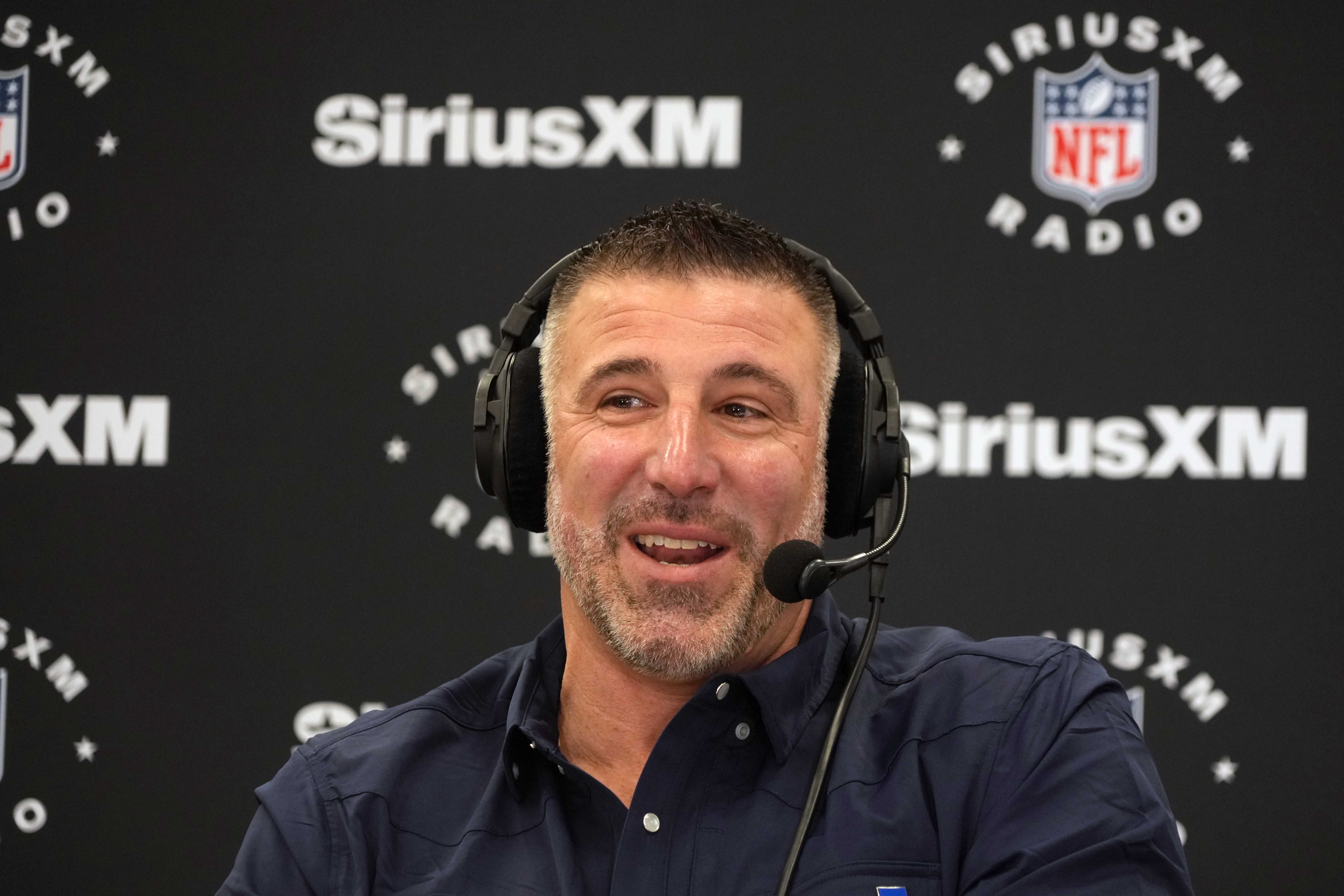 Feb 25, 2025; Indianapolis, IN, USA; New England Patriots coach Mike Vrabel on the SiriusXM radio set at the NFL Scouting Combine at the Indiana Convention Center.