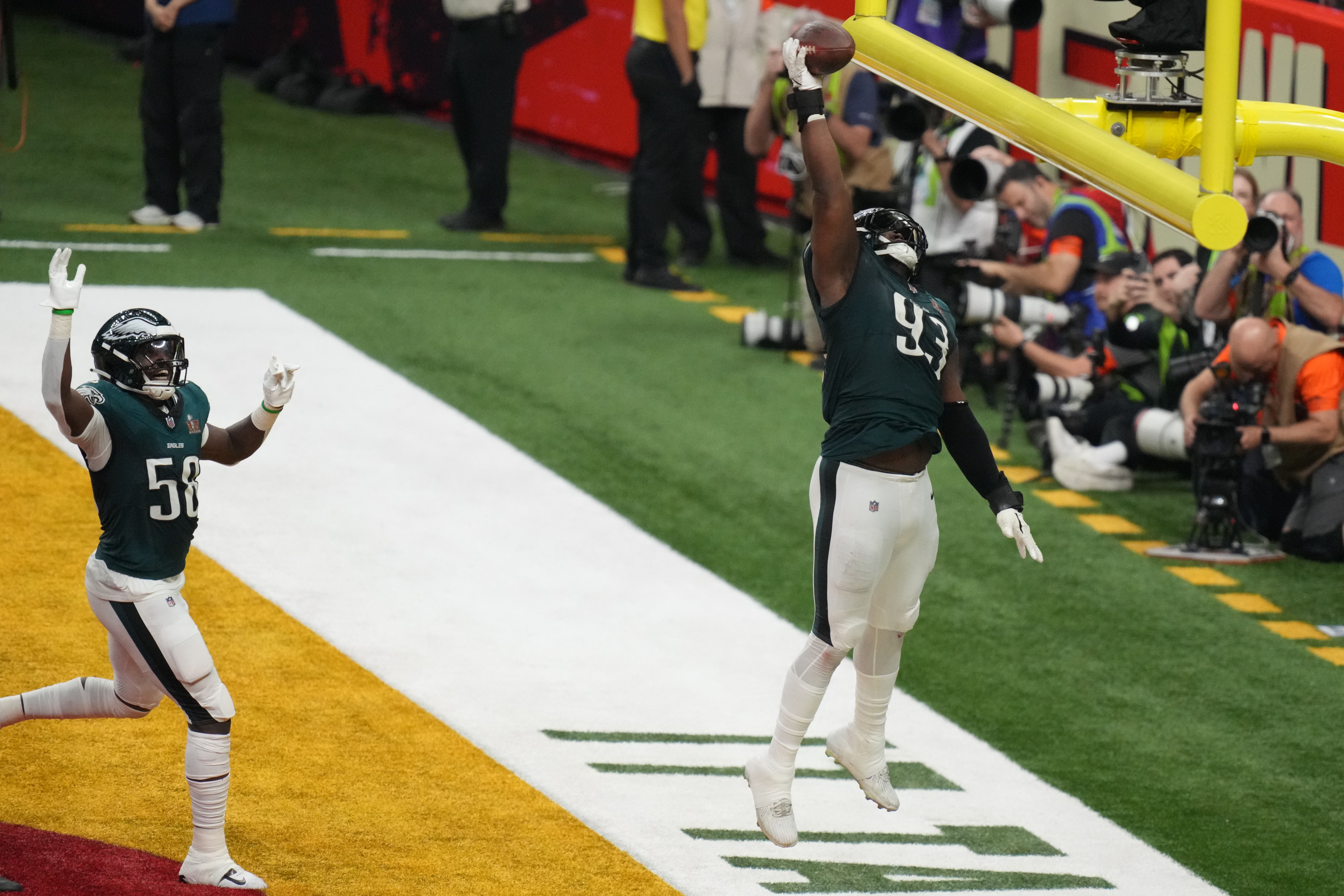 Philadelphia Eagles defensive tackle Milton Williams (93) reacts after causing a fumble against the Kansas City Chiefs during the fourth quarter in Super Bowl LIX at Caesars Superdome.
