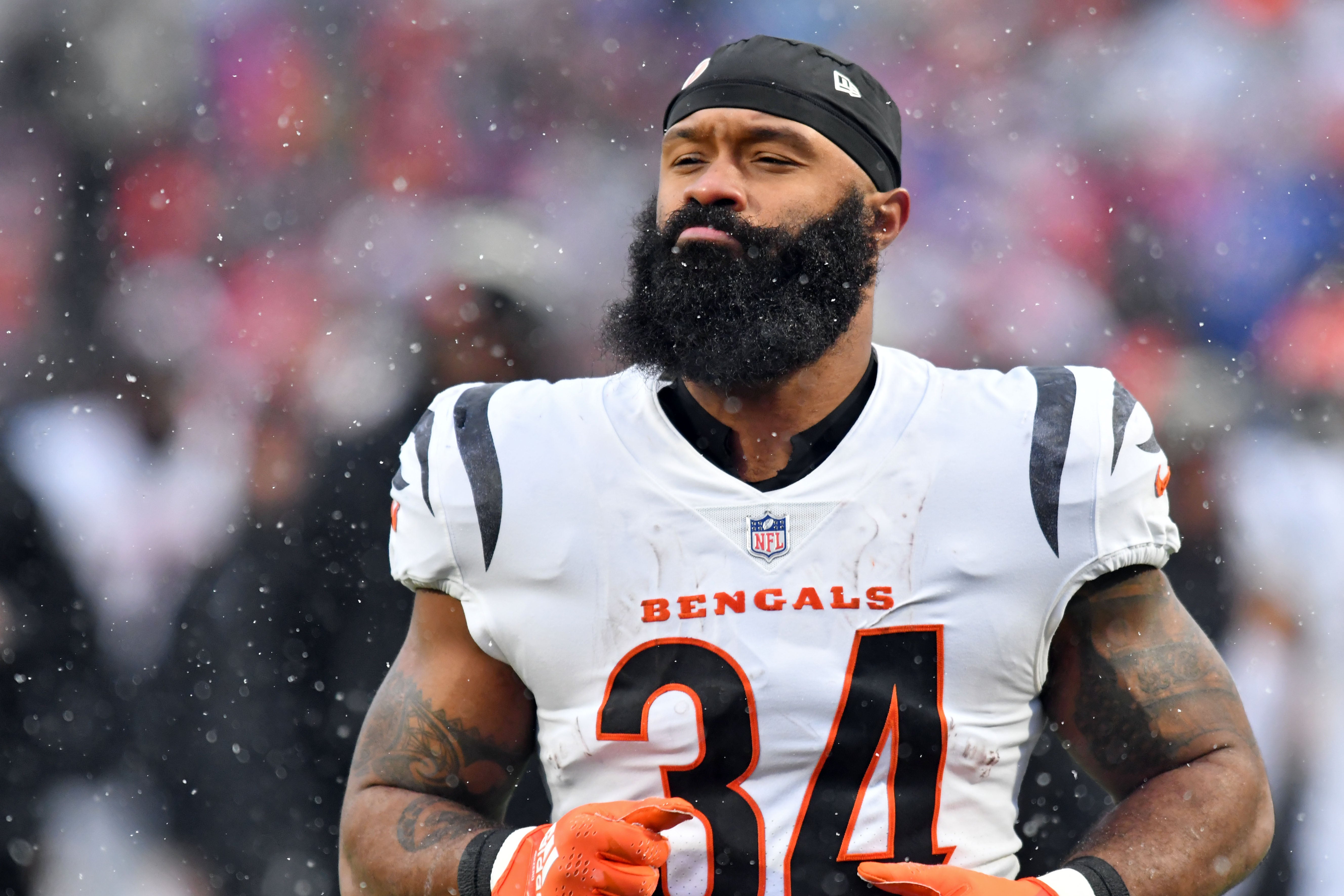 Jan 22, 2023; Orchard Park, New York, USA; Cincinnati Bengals running back Samaje Perine (34) runs on the field during warmups before an AFC divisional round game between the Buffalo Bills and the Cincinnati Bengals at Highmark Stadium.
